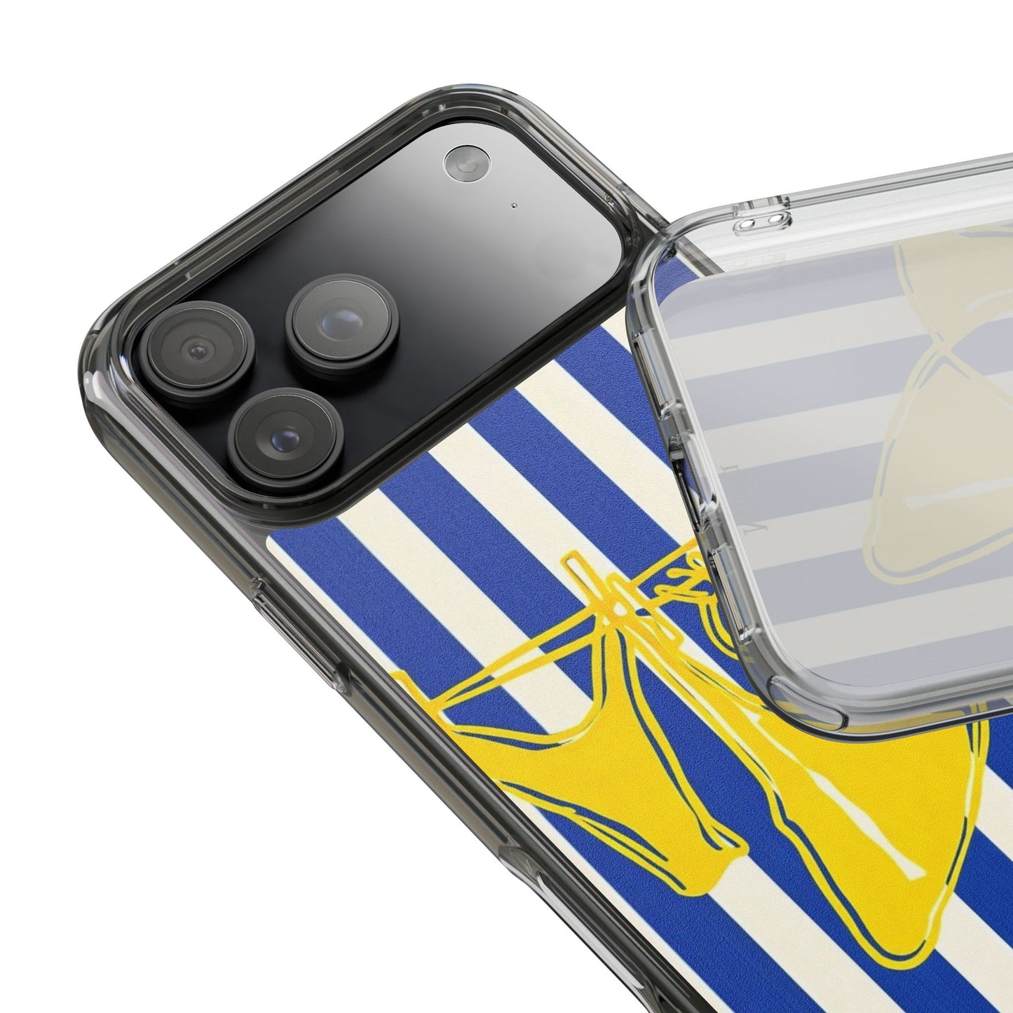 Striped Beach Bikini Phone Case — Yellow Swimwear on Blue & White Stripes, Clear Impact-Resistant