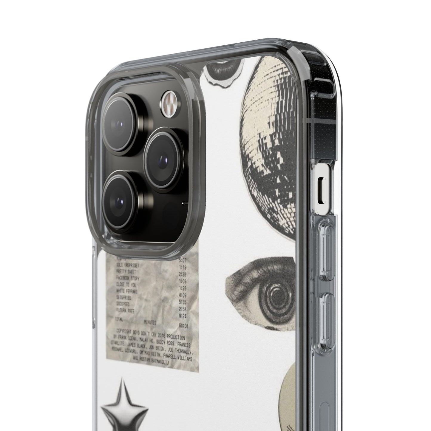 Clear Phone Case — Vintage Collage Stickers (Moon, Eye, Car, Cherries)