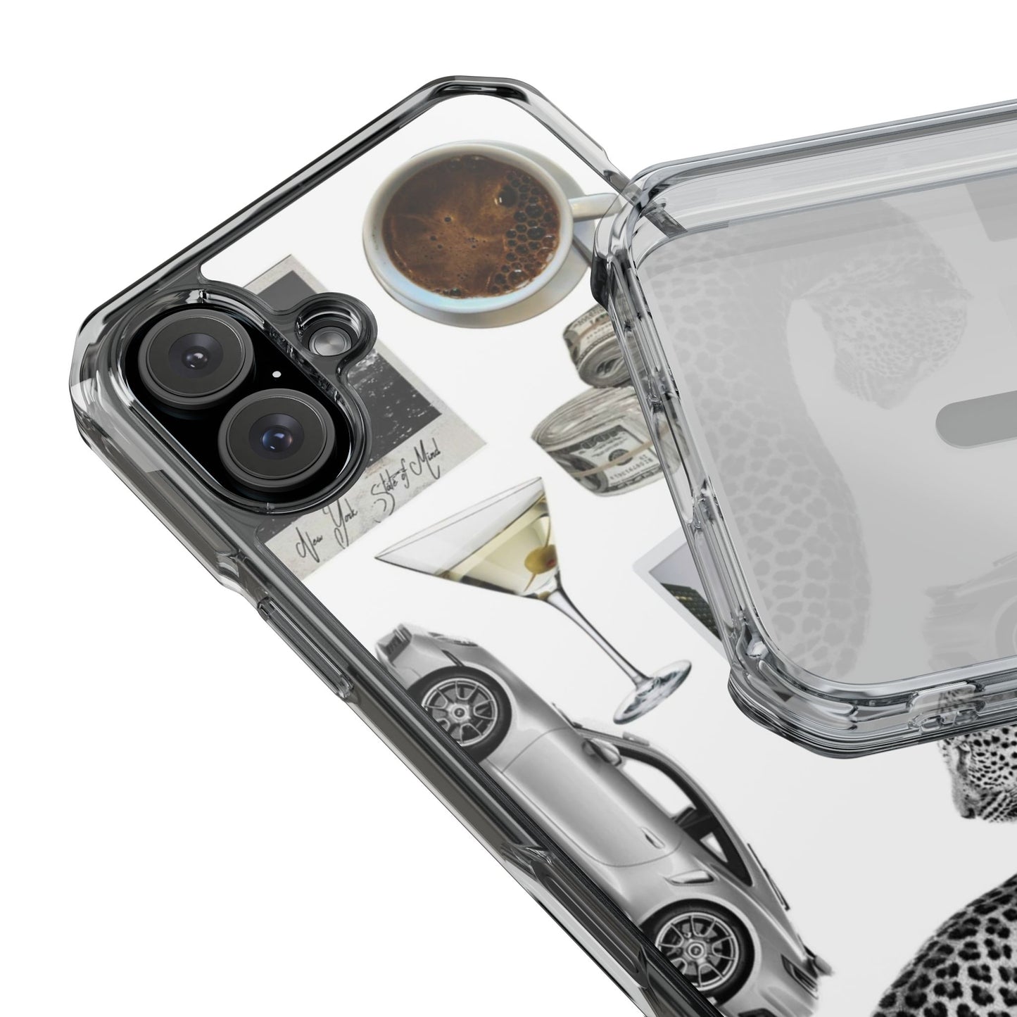 Clear Impact Phone Case — Luxe Collage (Leopard, Martini, Coffee & Vintage Car)