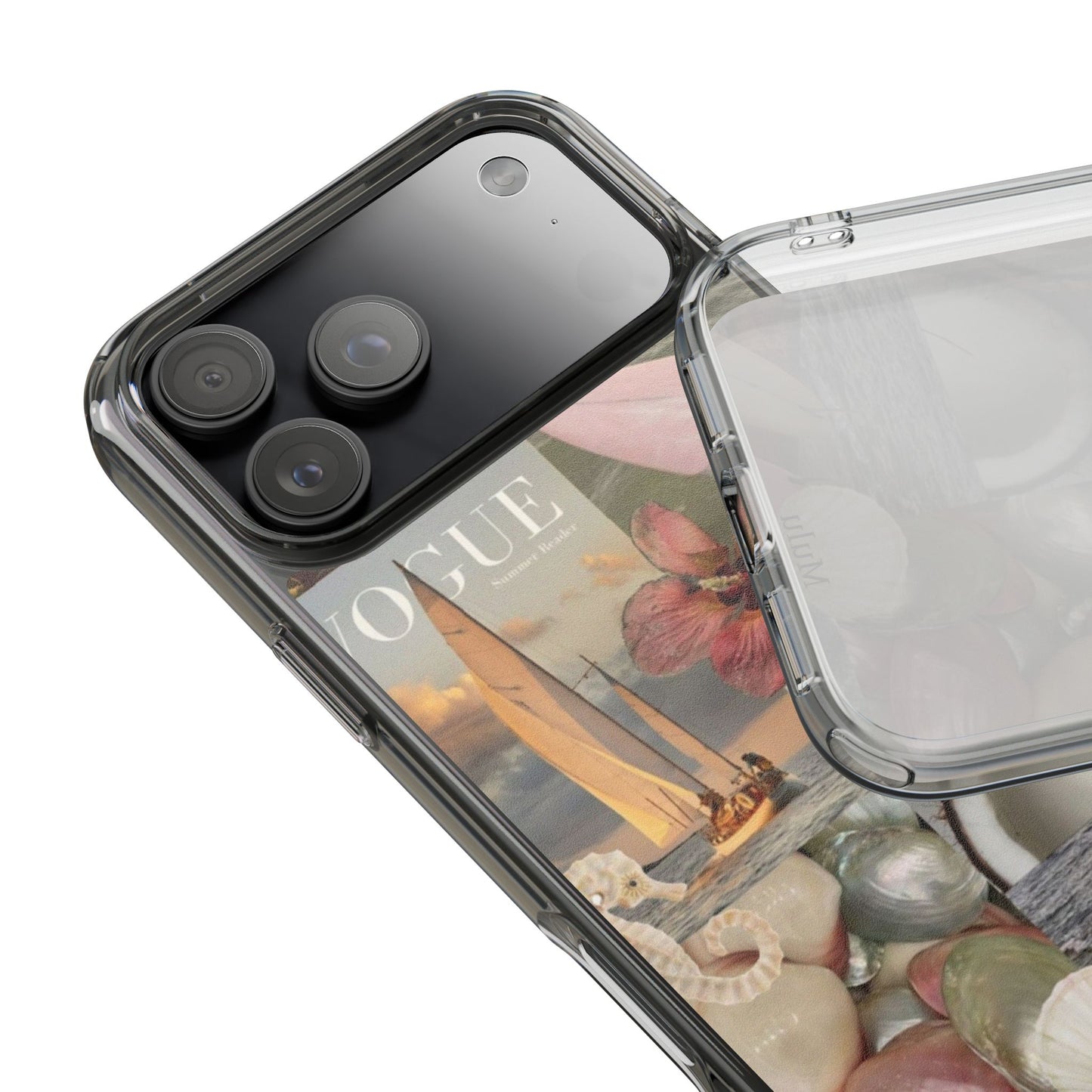 Clear Phone Case — Coastal Collage Shells & Surf Design