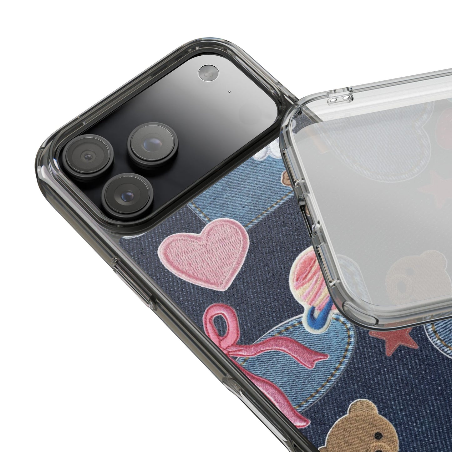 Clear Impact-Resistant Phone Case — Cute Denim Patch Collage (Teddy, Strawberry, Planet)