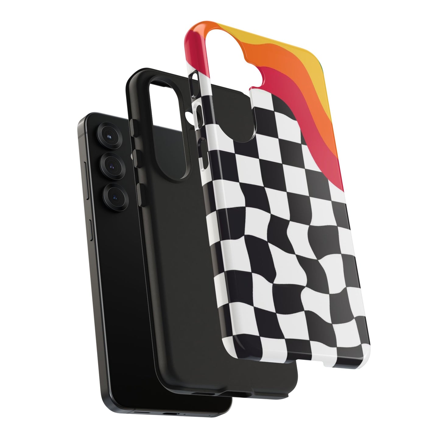 Retro Wavy Checkerboard Tough Phone Case — Rainbow Surf Skate Design