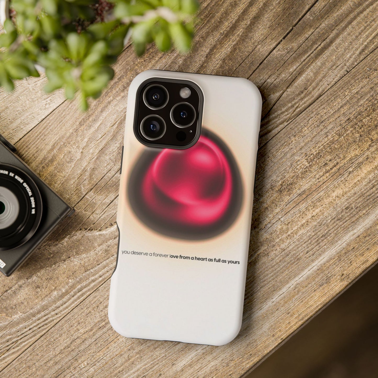 Protective Phone Case — Red Pearl Heart Design with 'You deserve a forever love' Text