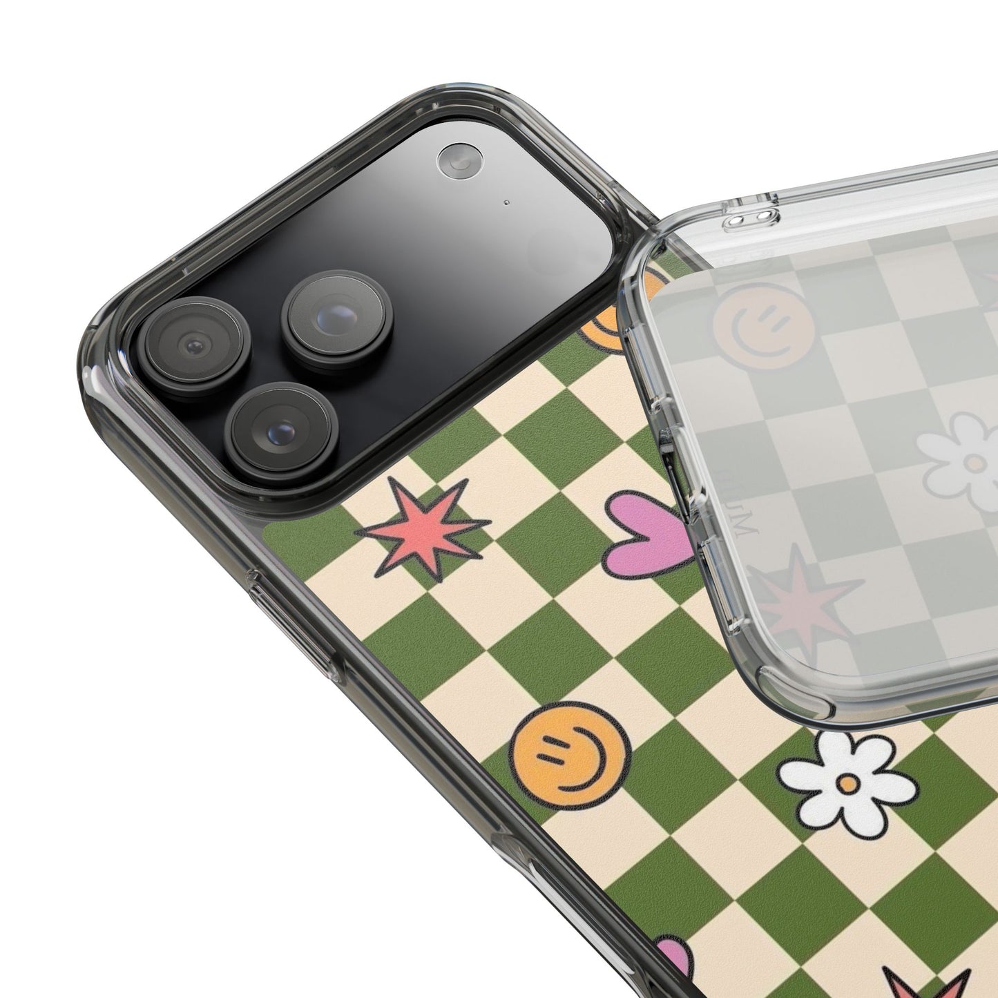 Clear Impact-Resistant Case — Retro Green Checkerboard with Smiley, Hearts & Flowers