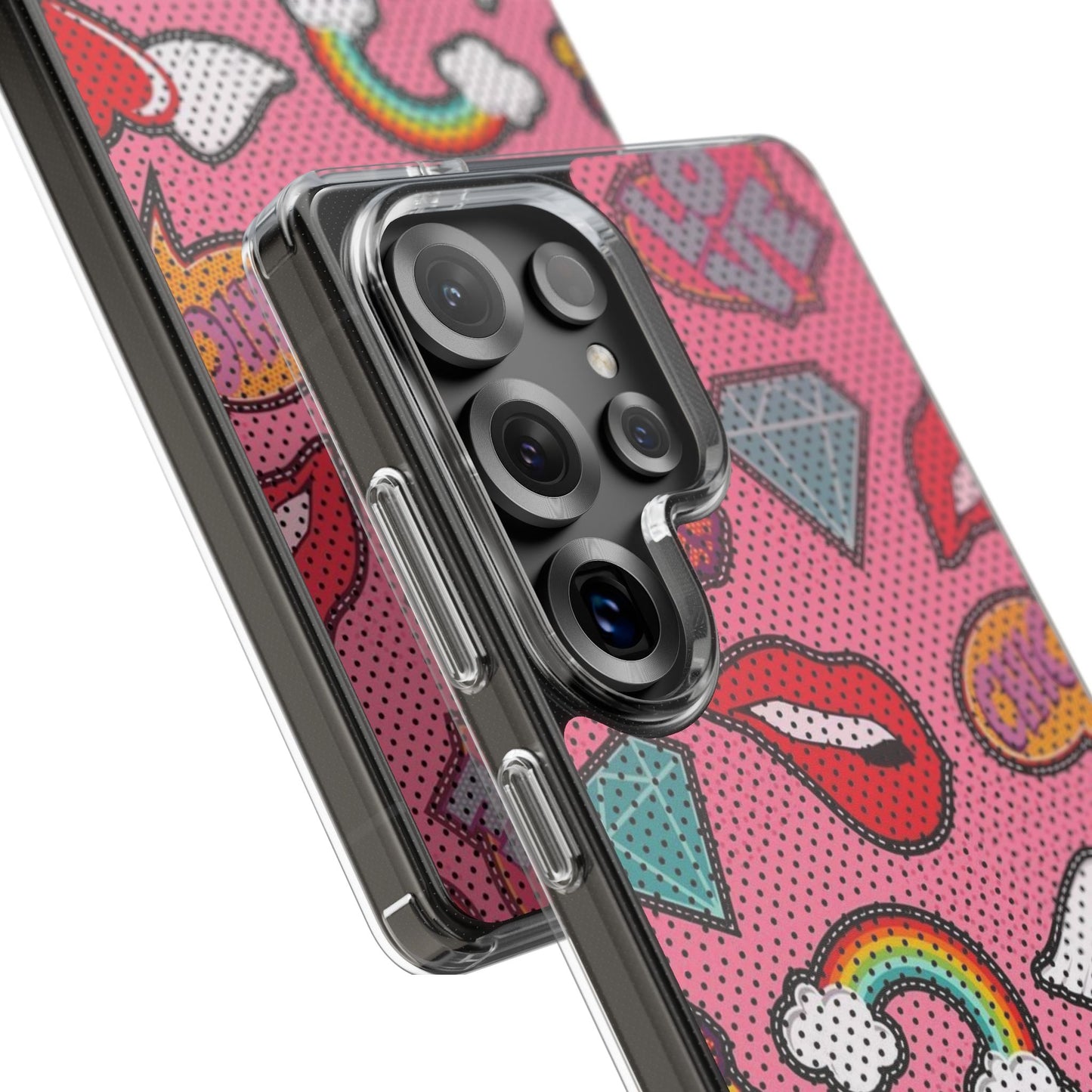 Clear Impact-Resistant Phone Case — Pink Pop Sticker Pattern (Hearts, Rainbows, Smileys)