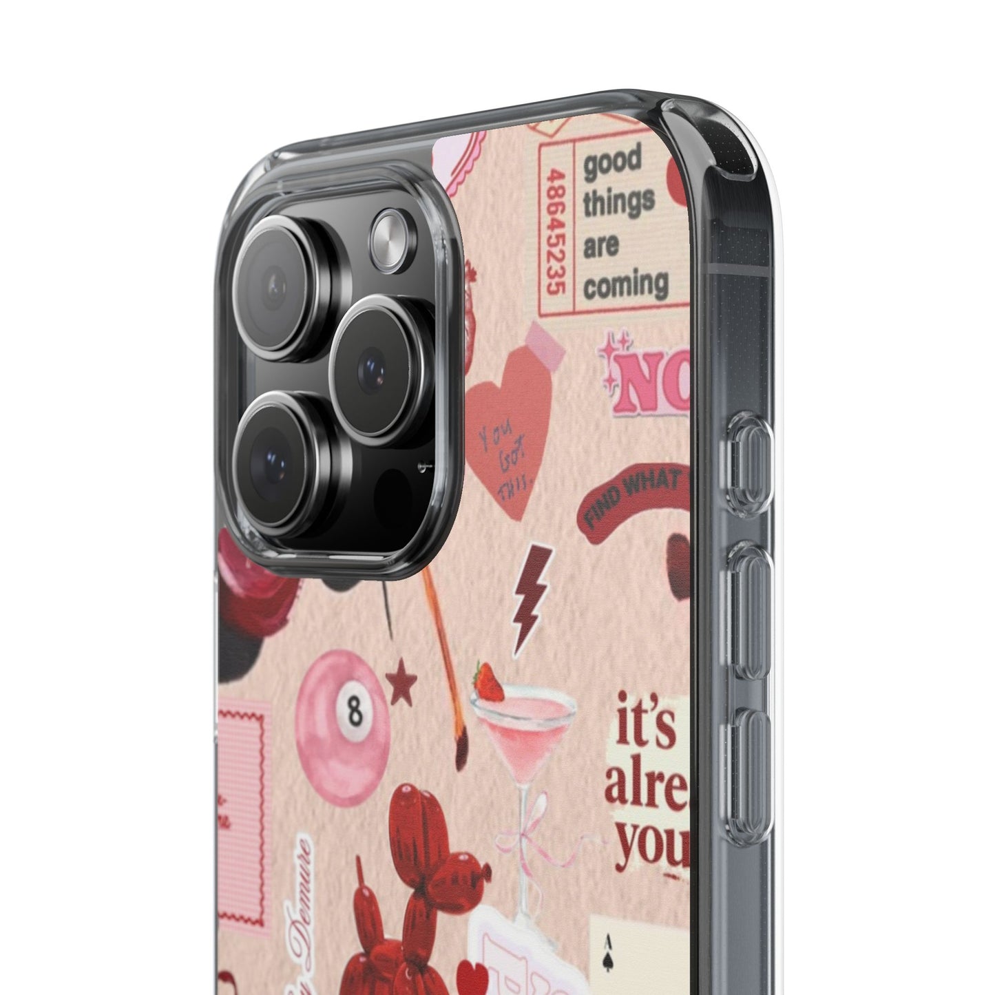 Clear Impact-Resistant Phone Case — Retro Cherry & Sticker Collage