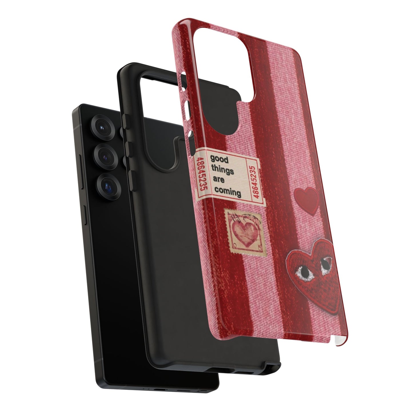Phone Case — Red Striped Heart Design with “Good Things Are Coming”