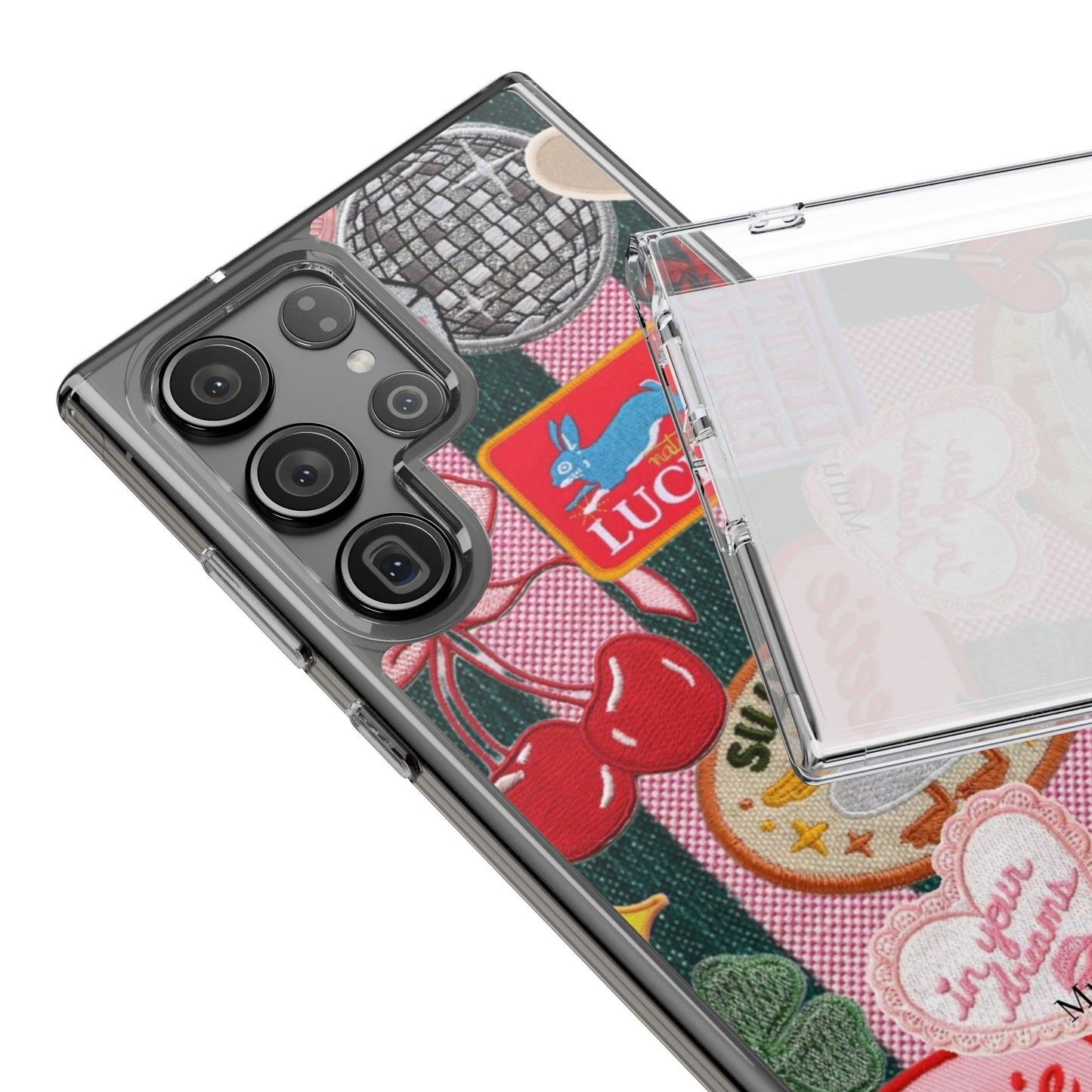 Clear Impact-Resistant Phone Case — Retro Patchwork Stickers (Lucky, Cherries, Silly Goose)
