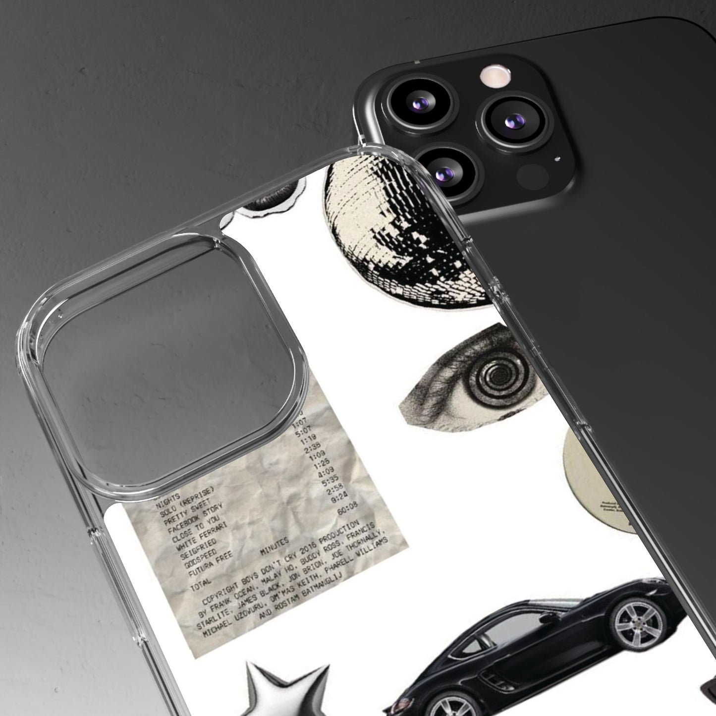 Clear Phone Case — Vintage Collage Stickers (Moon, Eye, Car, Cherries)