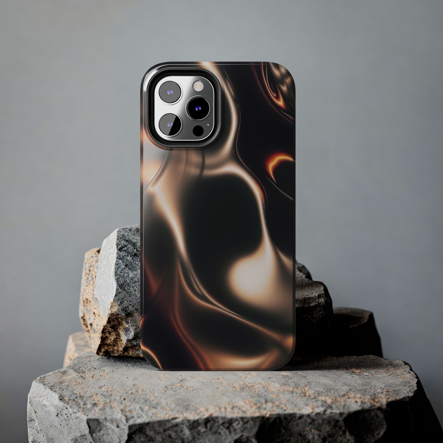 Abstract Liquid Glow Tough Phone Case — Black & Bronze Swirl Protective Cover
