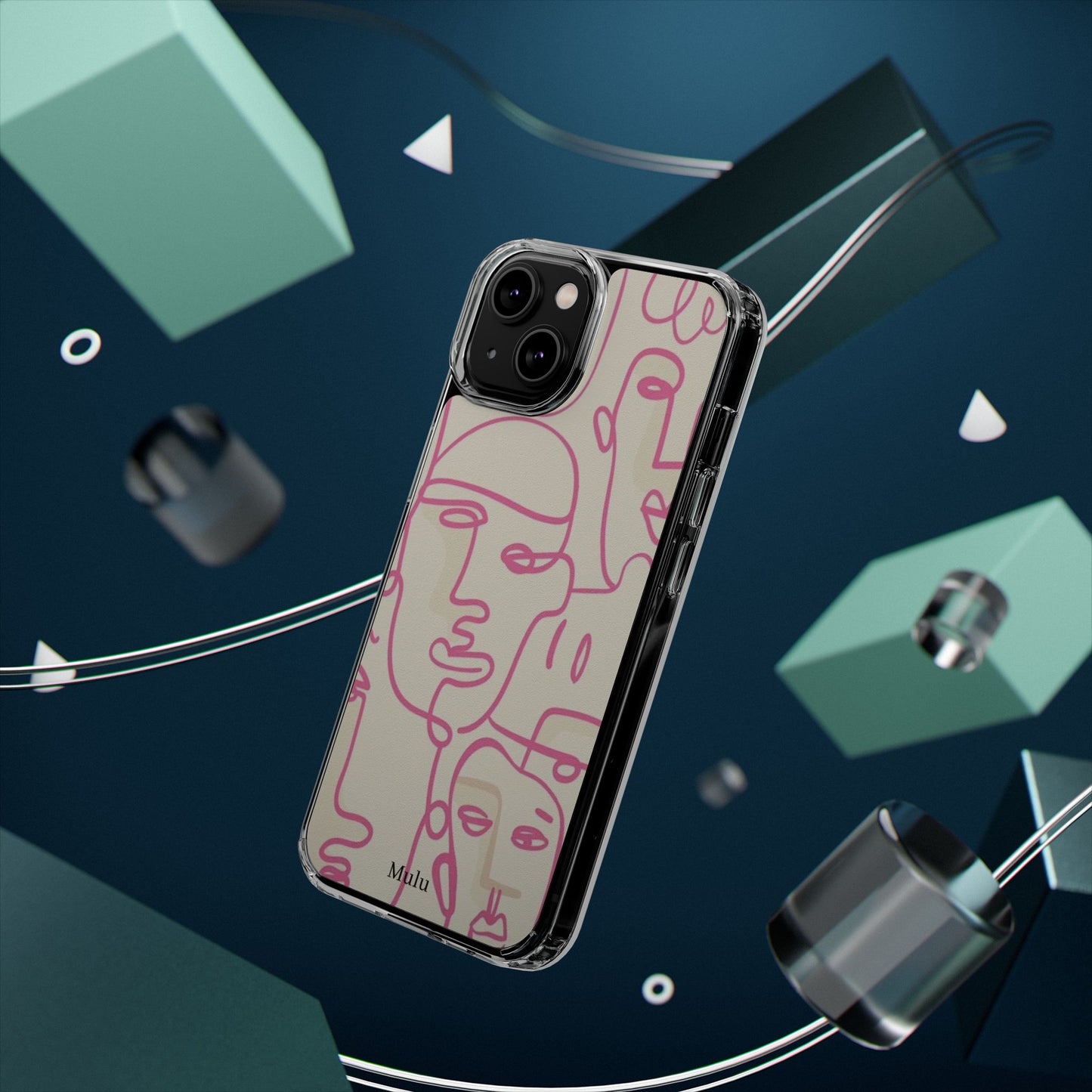 Clear Impact-Resistant Phone Case — Pink Minimalist Line Faces Design