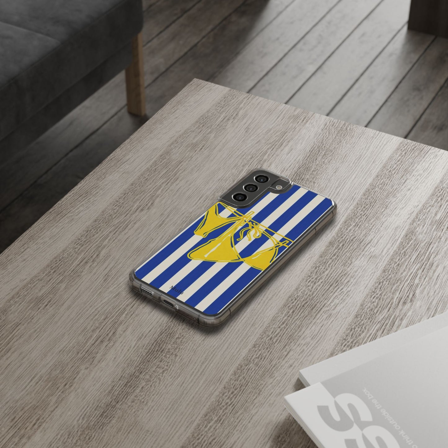 Striped Beach Bikini Phone Case — Yellow Swimwear on Blue & White Stripes, Clear Impact-Resistant