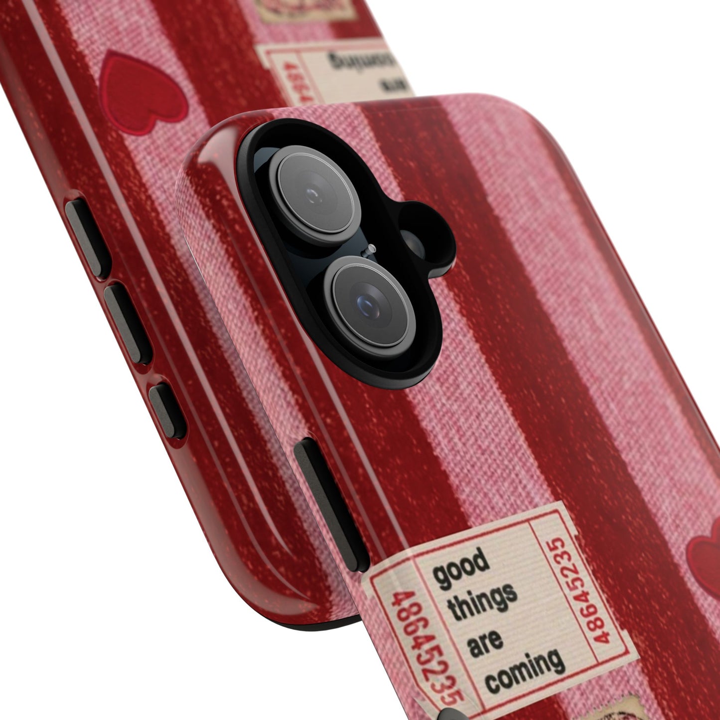Phone Case — Red Striped Heart Design with “Good Things Are Coming”