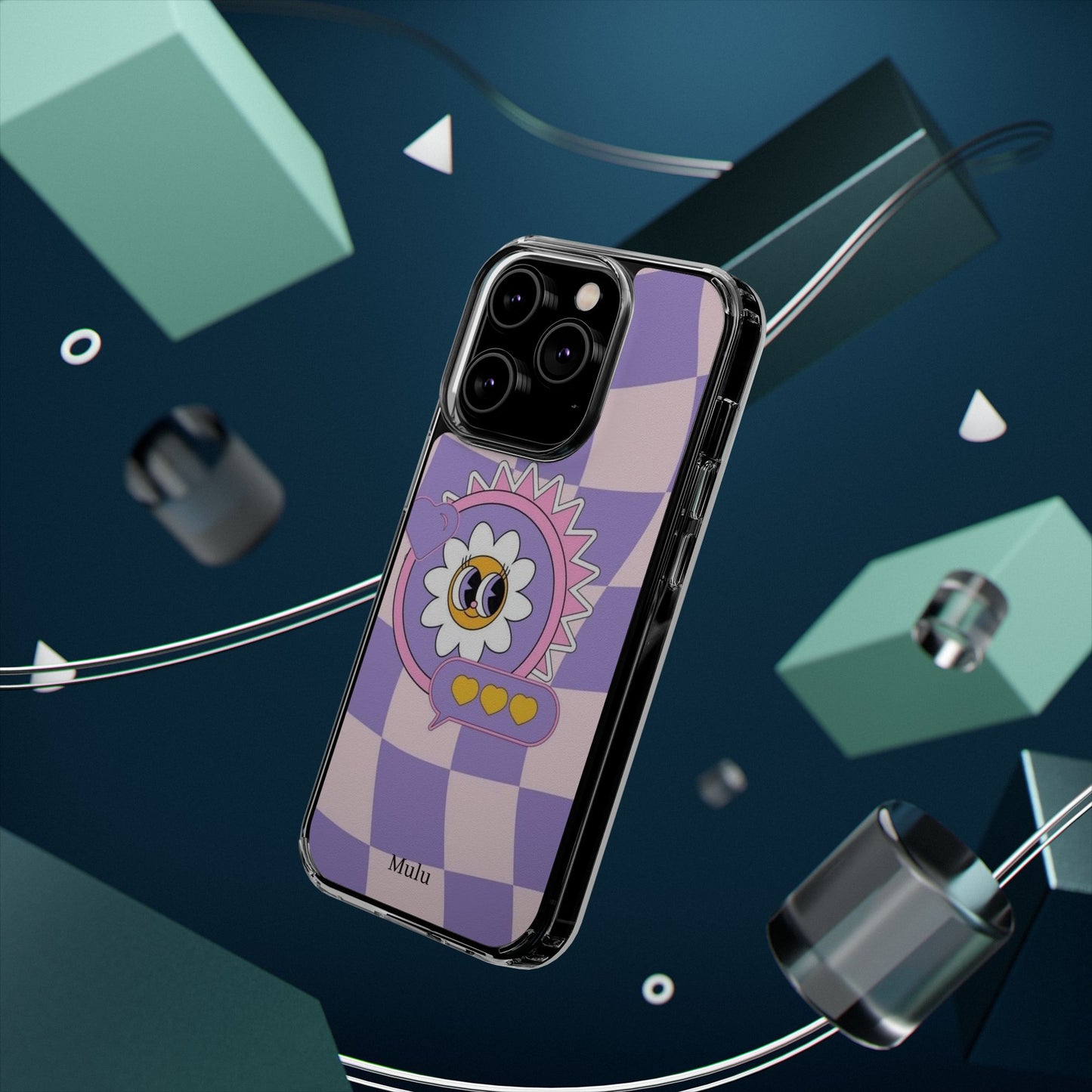 Clear Impact-Resistant Case — Cute Purple Checkerboard Dino with 'Mulu'