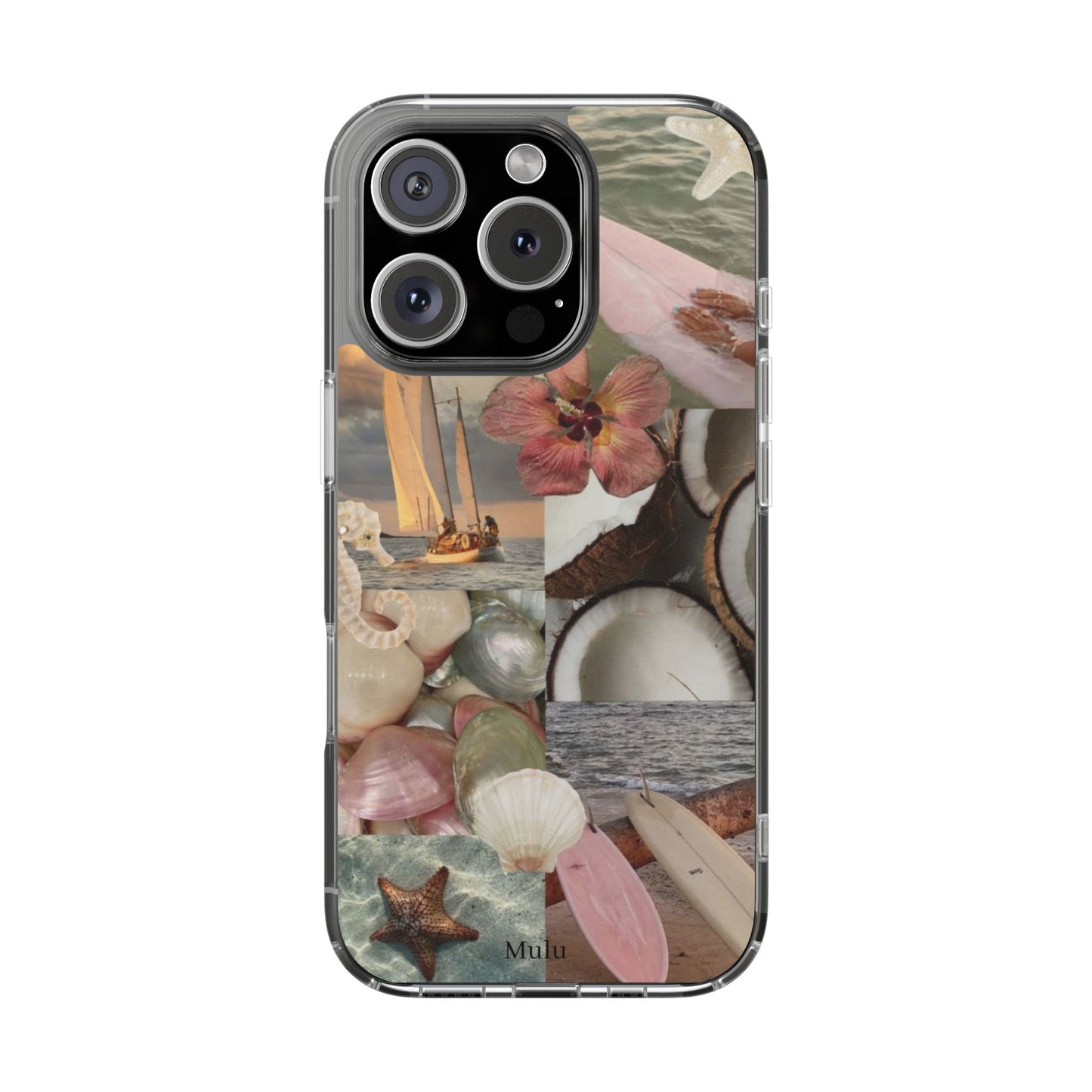 Clear Phone Case — Coastal Collage Shells & Surf Design