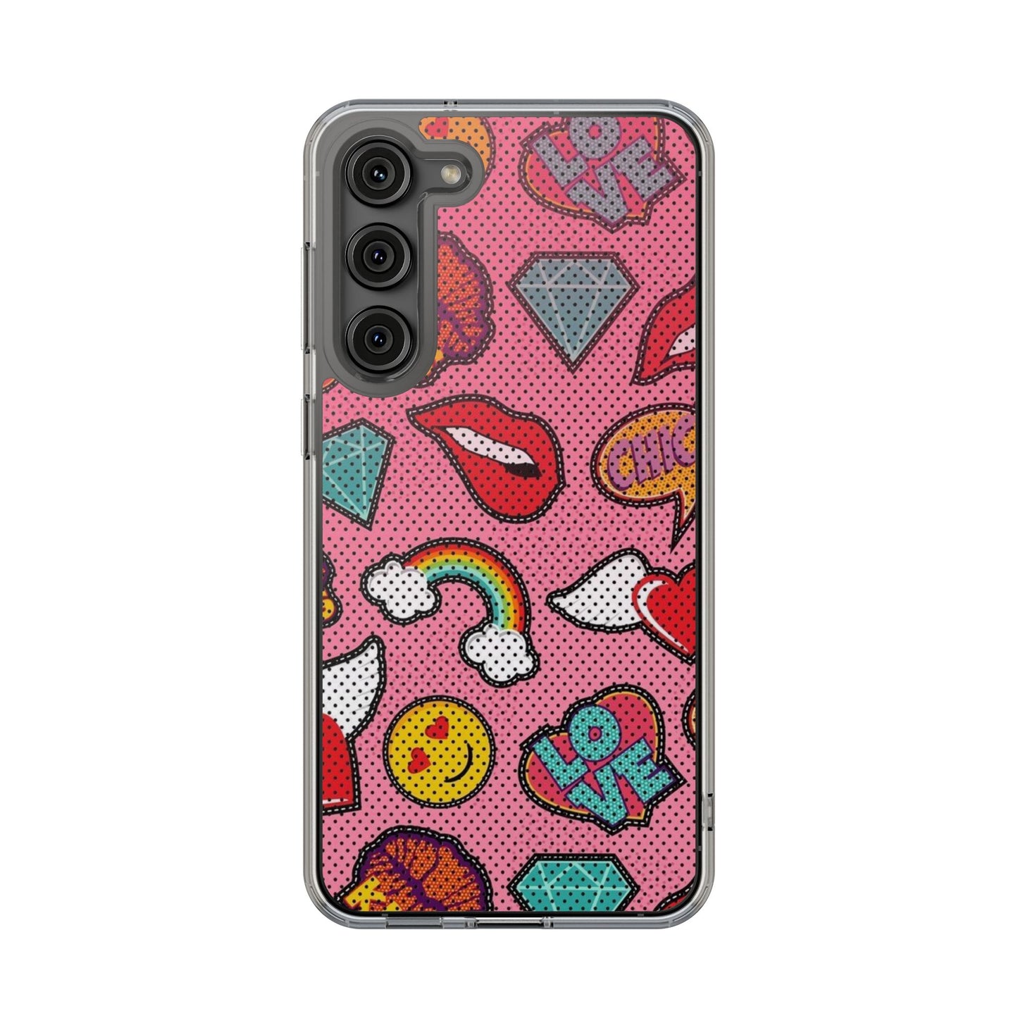 Clear Impact-Resistant Phone Case — Pink Pop Sticker Pattern (Hearts, Rainbows, Smileys)