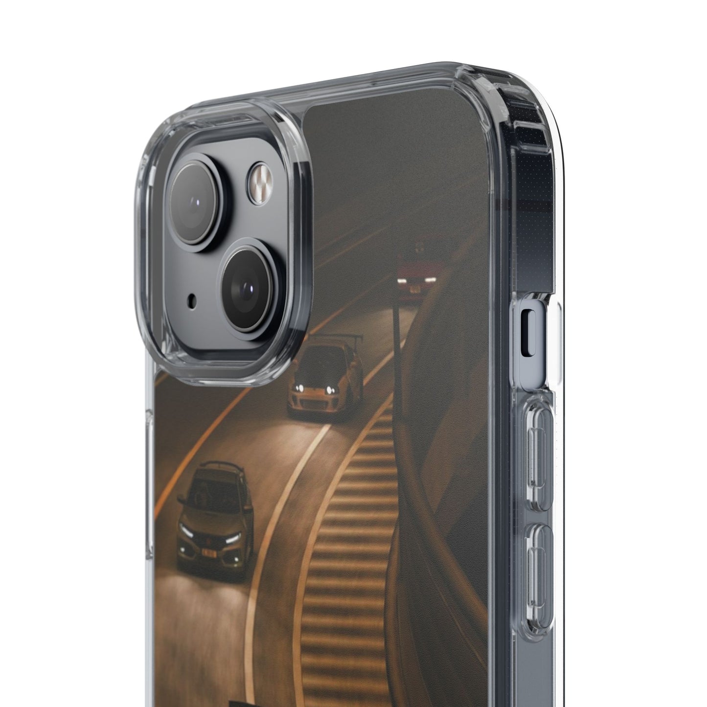 Racing Night Clear Phone Case – Sports Cars on Curved Highway
