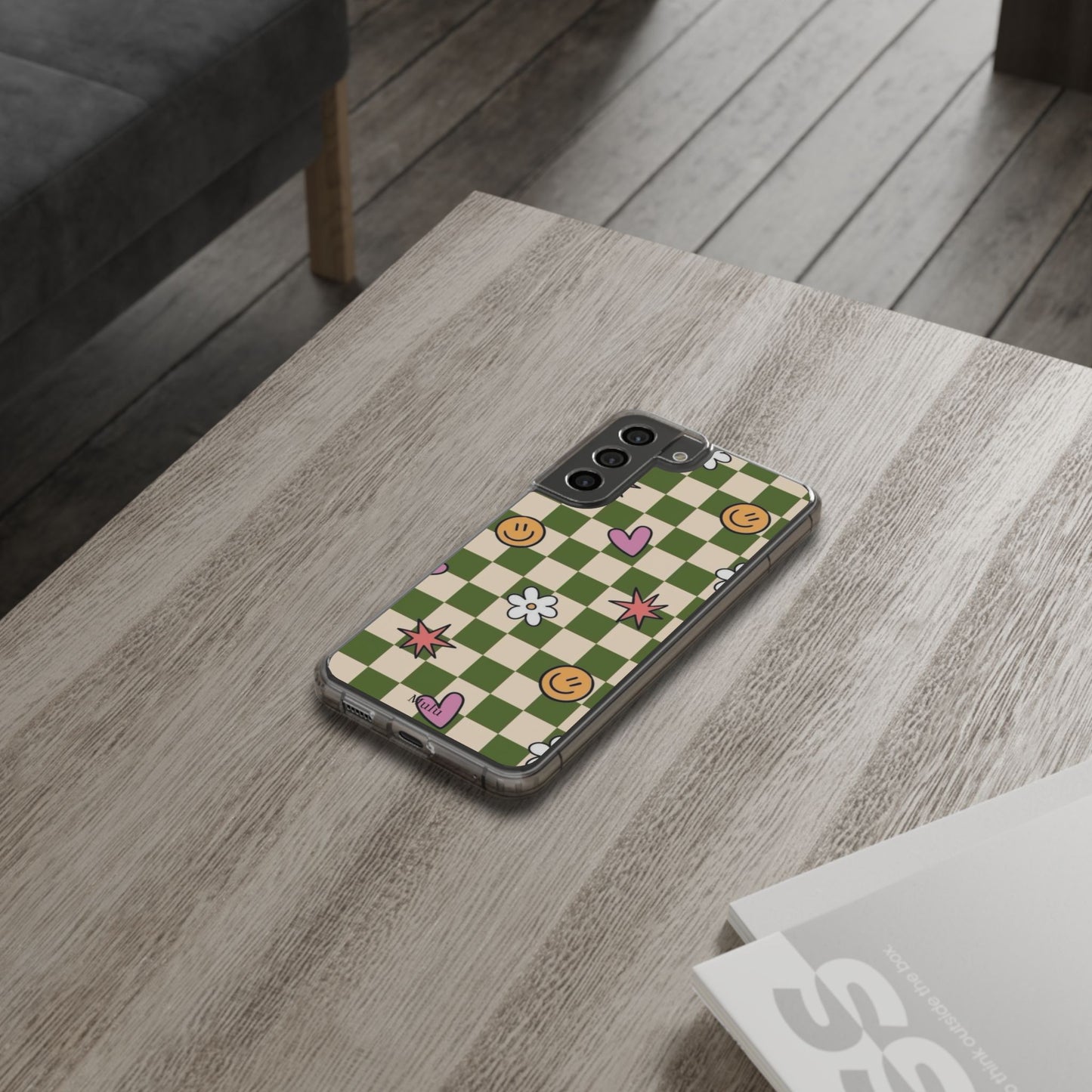Clear Impact-Resistant Case — Retro Green Checkerboard with Smiley, Hearts & Flowers