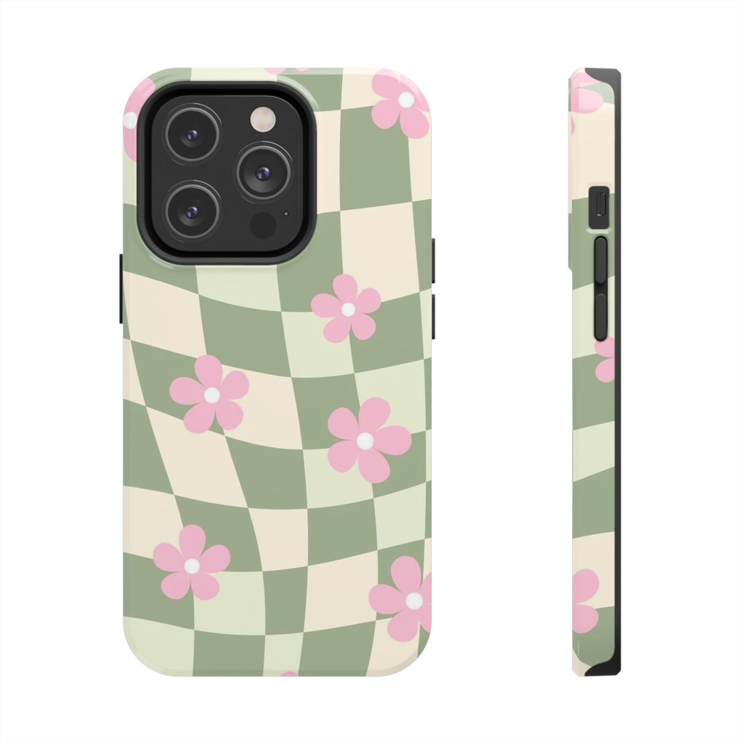 Tough Phone Case — Retro Green Checkerboard with Pink Flowers