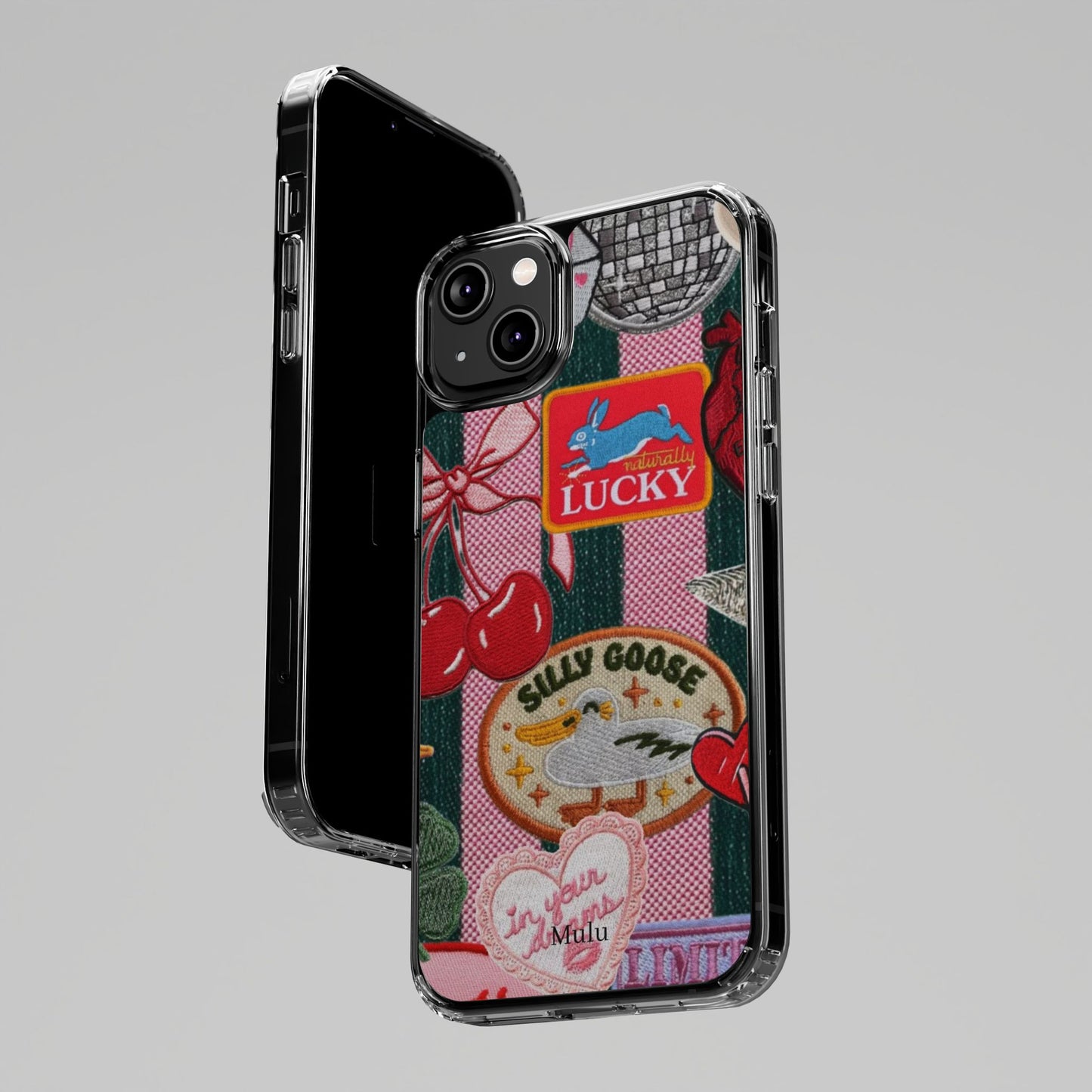 Clear Impact-Resistant Phone Case — Retro Patchwork Stickers (Lucky, Cherries, Silly Goose)