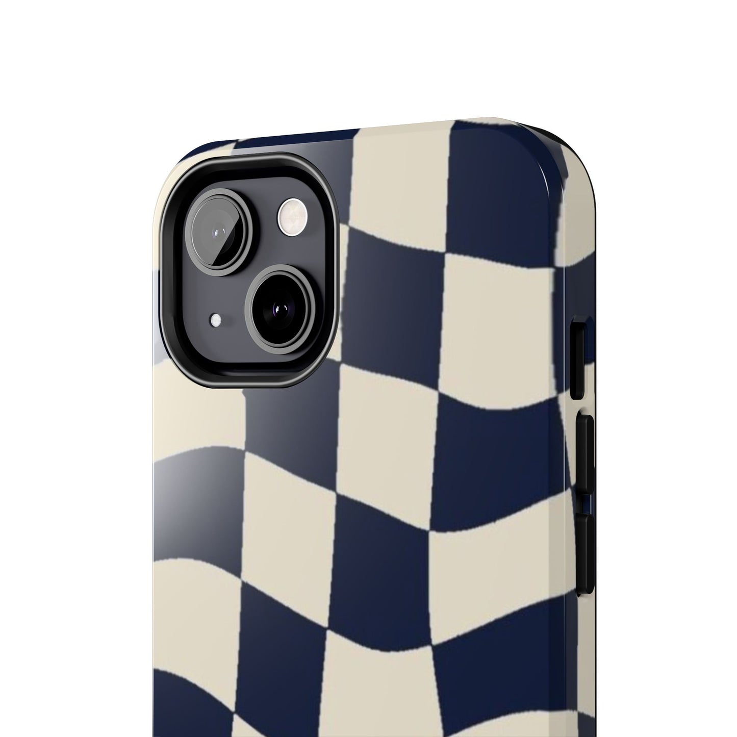 Wavy Checkerboard Tough Phone Case — Navy & Cream Protective Cover