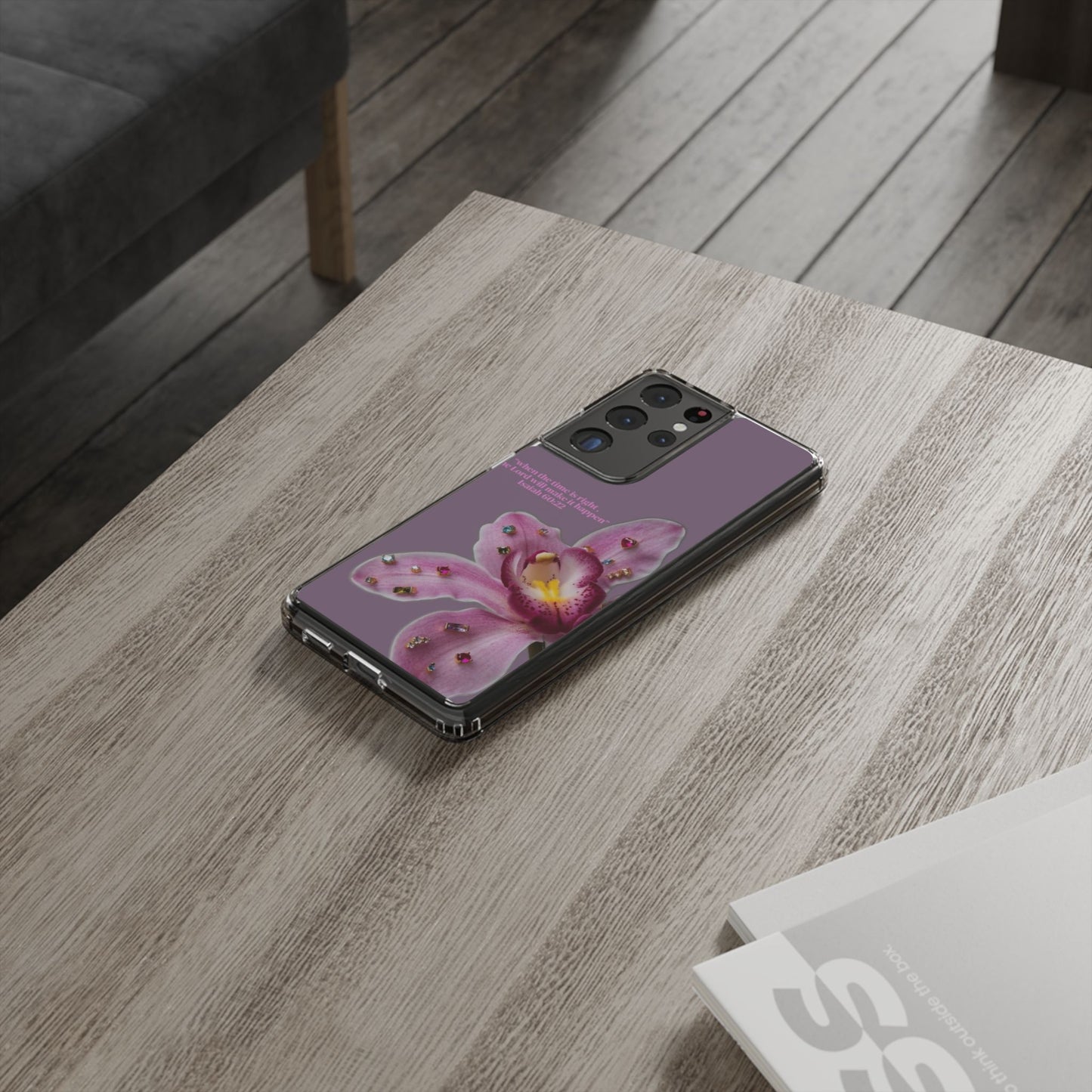 Clear Floral Impact-Resistant Phone Case — "When the time is right" Rose Orchid Design