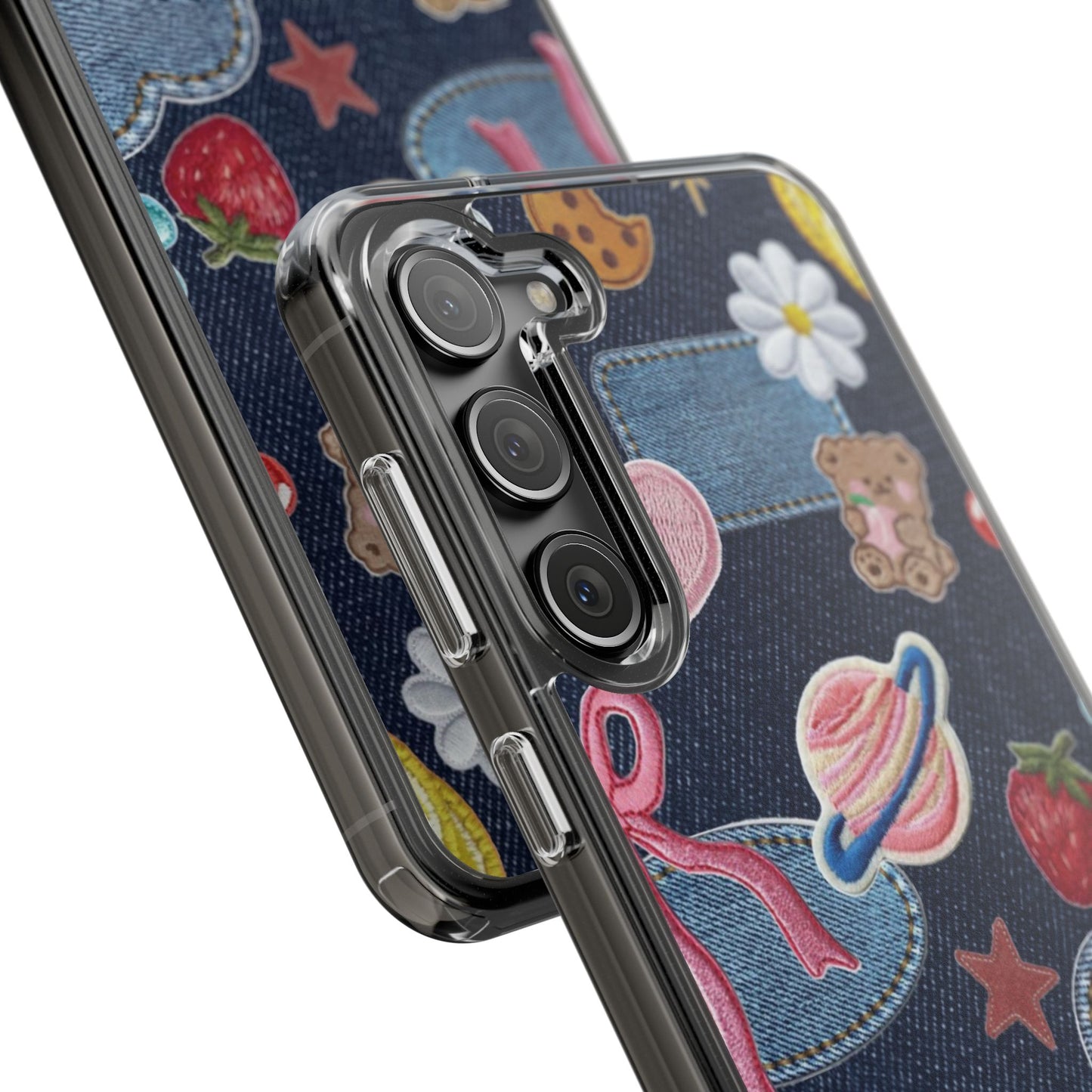 Clear Impact-Resistant Phone Case — Cute Denim Patch Collage (Teddy, Strawberry, Planet)