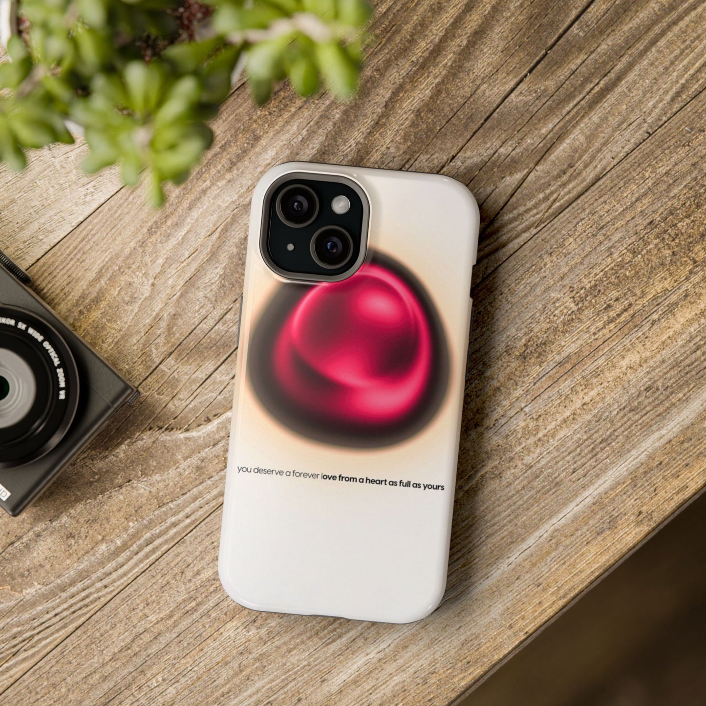 Protective Phone Case — Red Pearl Heart Design with 'You deserve a forever love' Text