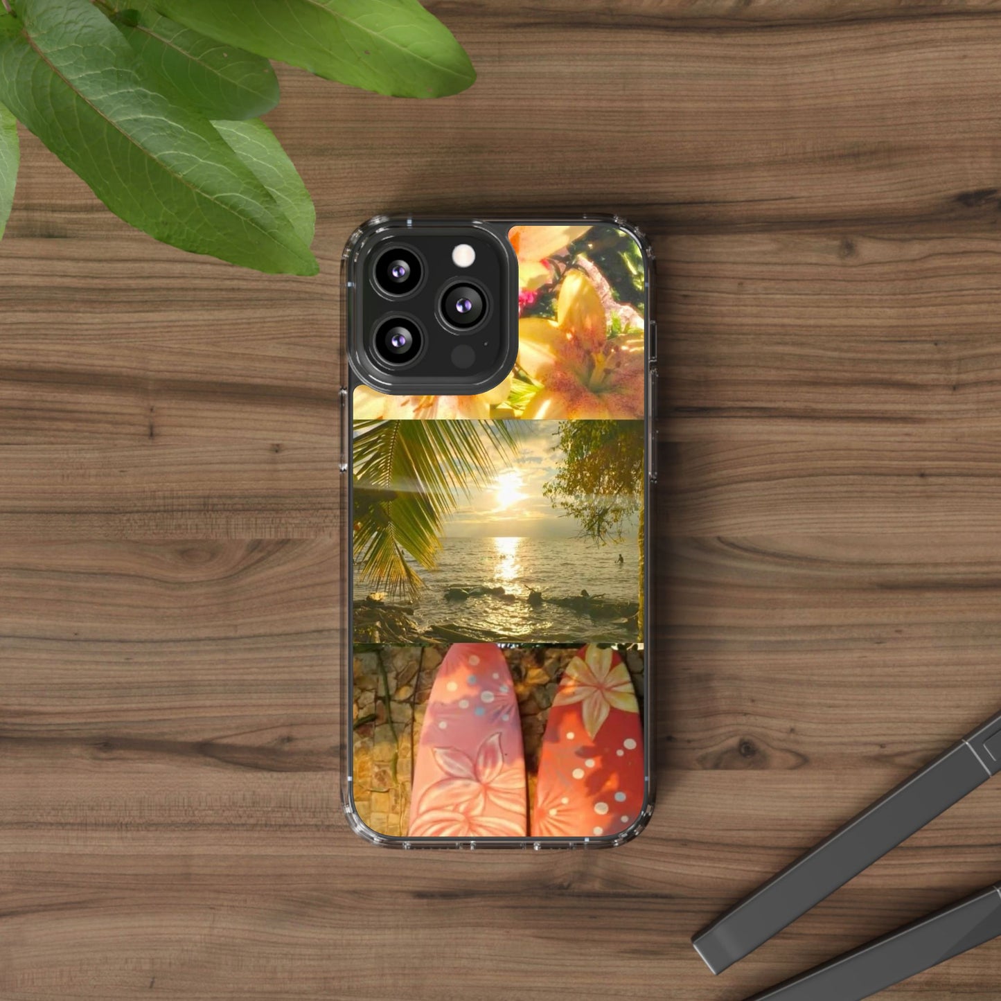 Tropical Sunset Phone Case — Floral Surfboard Clear iPhone Case