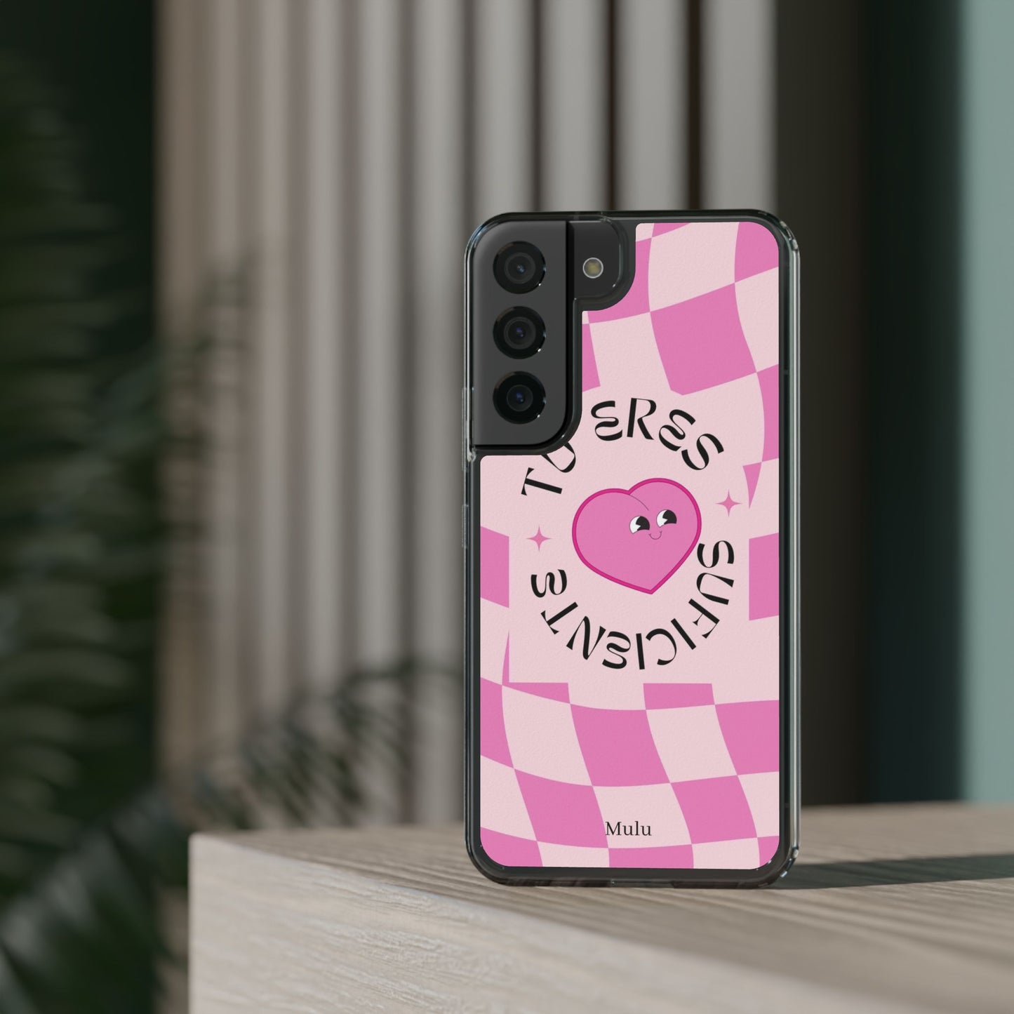 Clear Impact-Resistant Phone Case — Pink Checkerheart “Tu Eres Suficiente” Design