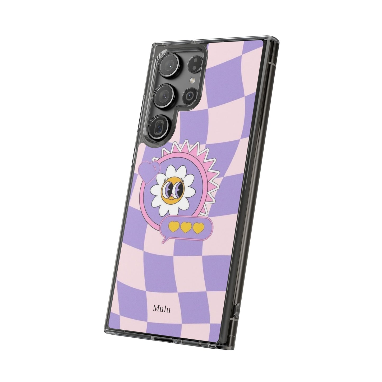 Clear Impact-Resistant Case — Cute Purple Checkerboard Dino with 'Mulu'