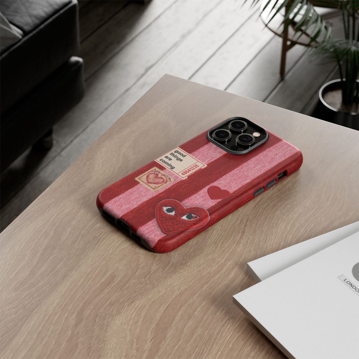 Phone Case — Red Striped Heart Design with “Good Things Are Coming”