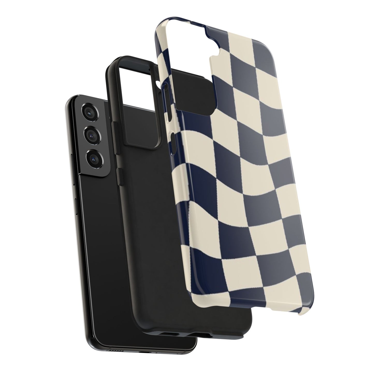 Wavy Checkerboard Tough Phone Case — Navy & Cream Protective Cover