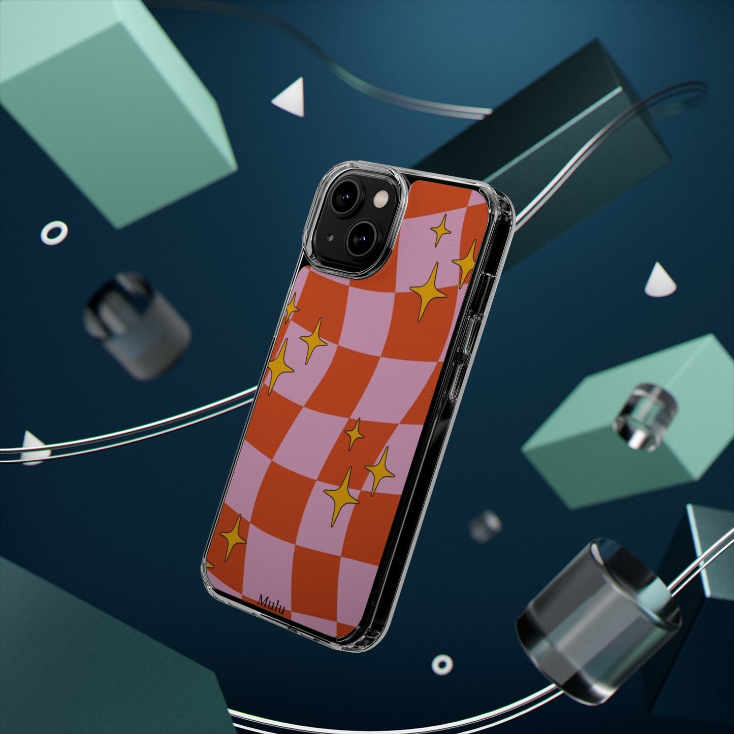 Clear Impact-Resistant Case — Retro Pink & Orange Checker with Sparkle Stars