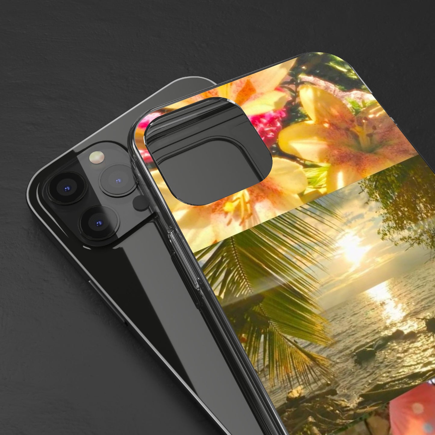 Tropical Sunset Phone Case — Floral Surfboard Clear iPhone Case