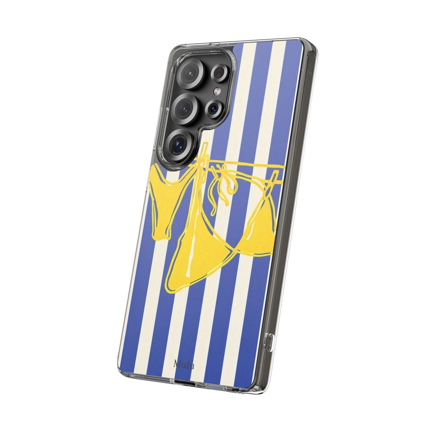 Striped Beach Bikini Phone Case — Yellow Swimwear on Blue & White Stripes, Clear Impact-Resistant