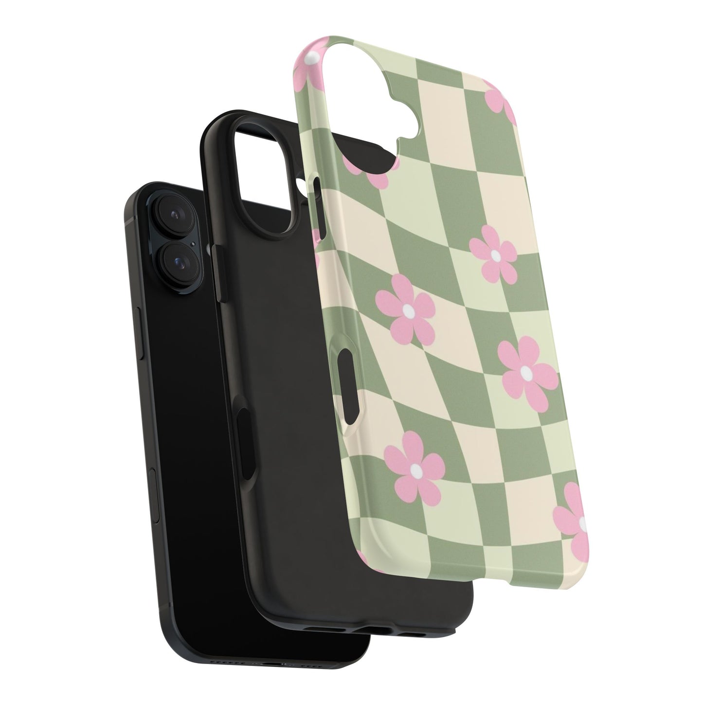 Tough Phone Case — Retro Green Checkerboard with Pink Flowers