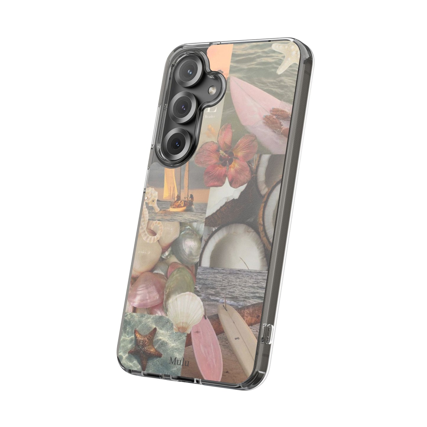 Clear Phone Case — Coastal Collage Shells & Surf Design
