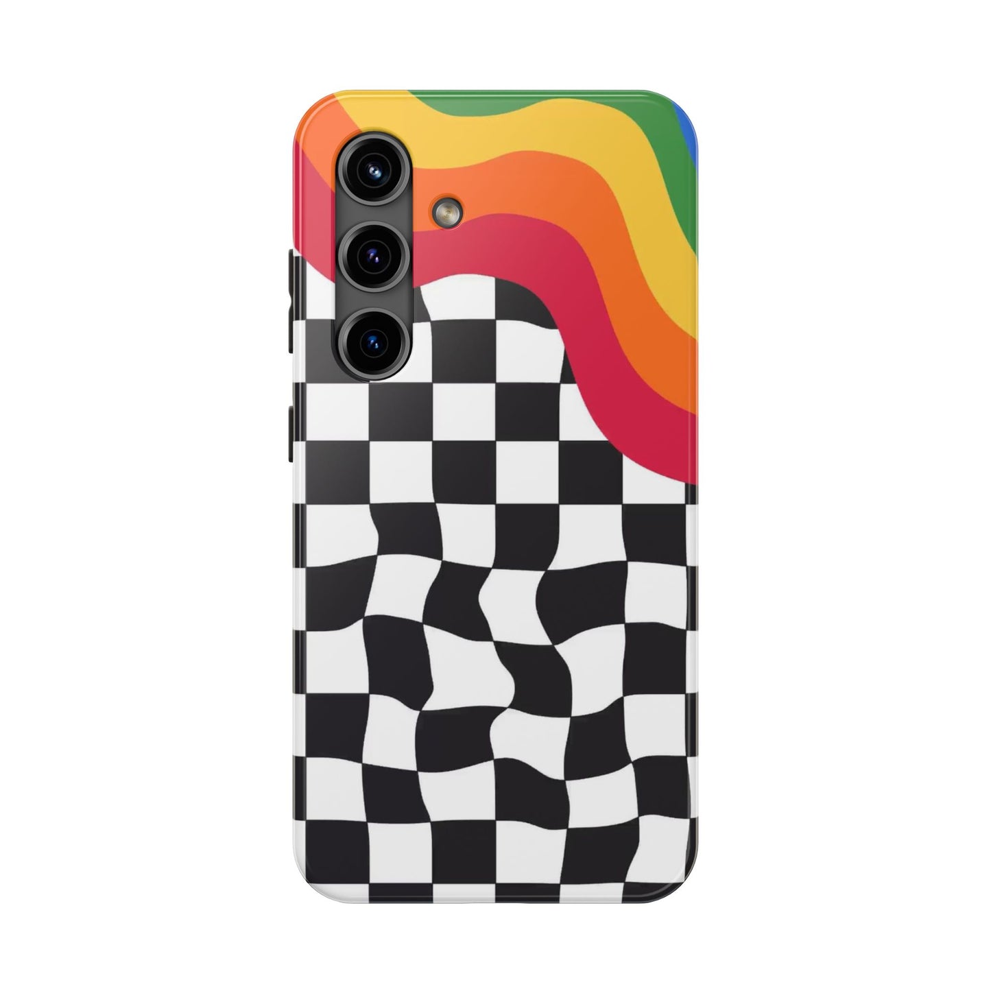 Retro Wavy Checkerboard Tough Phone Case — Rainbow Surf Skate Design