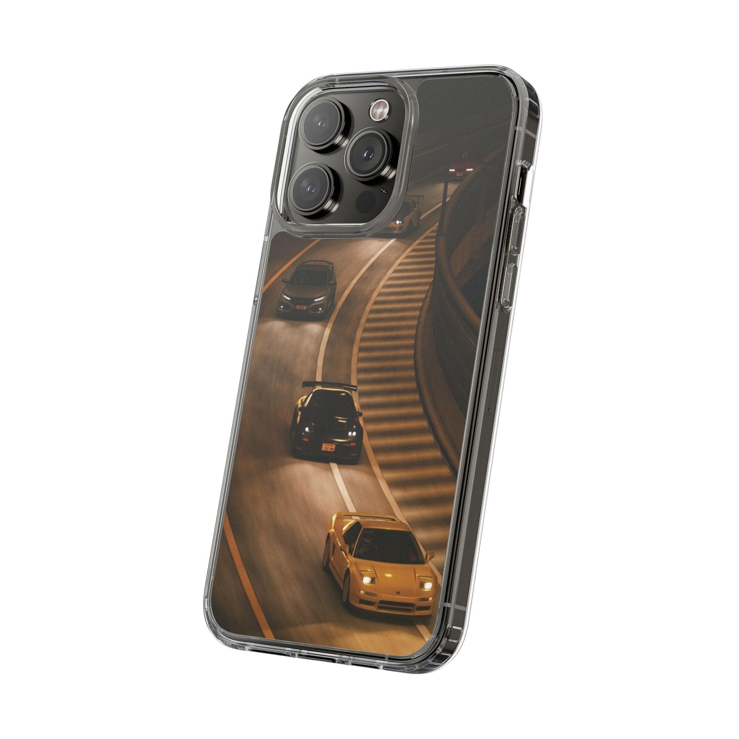 Racing Night Clear Phone Case – Sports Cars on Curved Highway