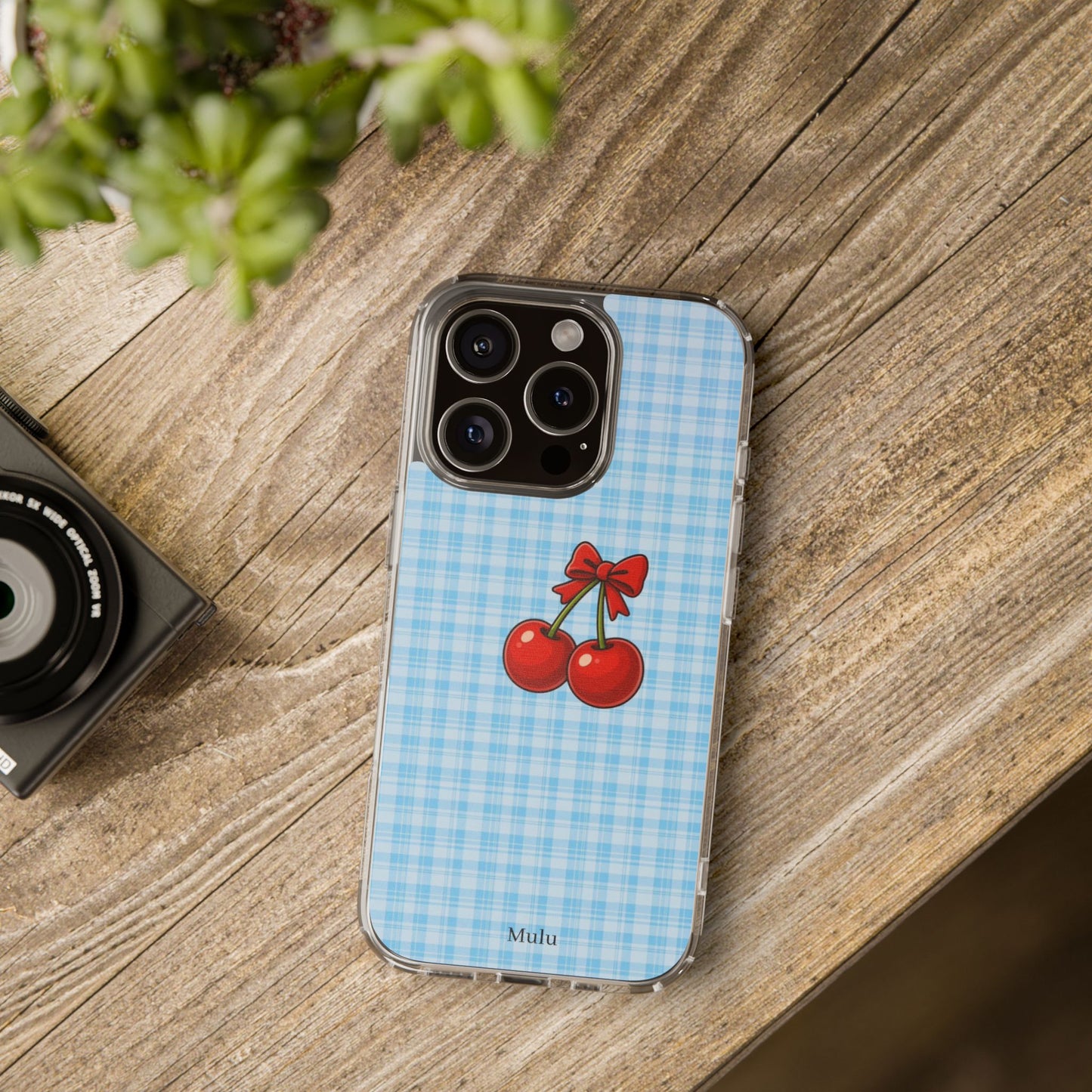 Clear Cherry Gingham Phone Case — Impact-Resistant Clear Case with Red Cherry Design