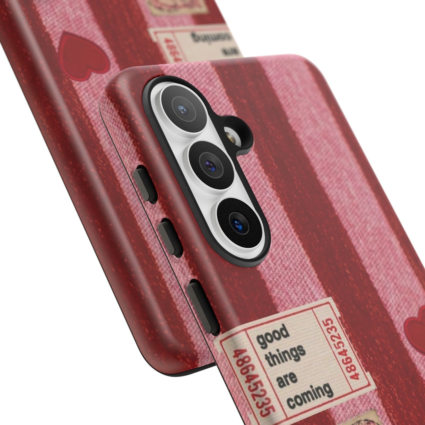 Phone Case — Red Striped Heart Design with “Good Things Are Coming”
