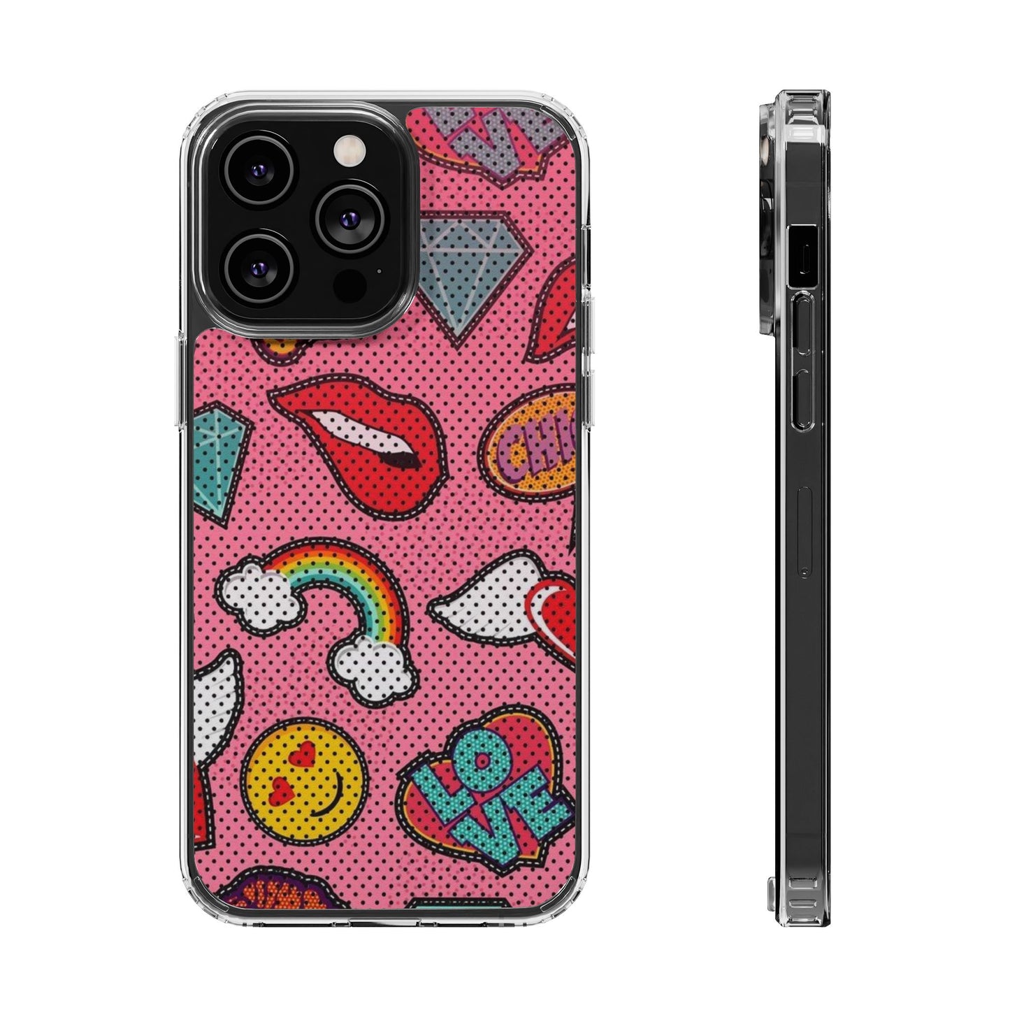 Clear Impact-Resistant Phone Case — Pink Pop Sticker Pattern (Hearts, Rainbows, Smileys)