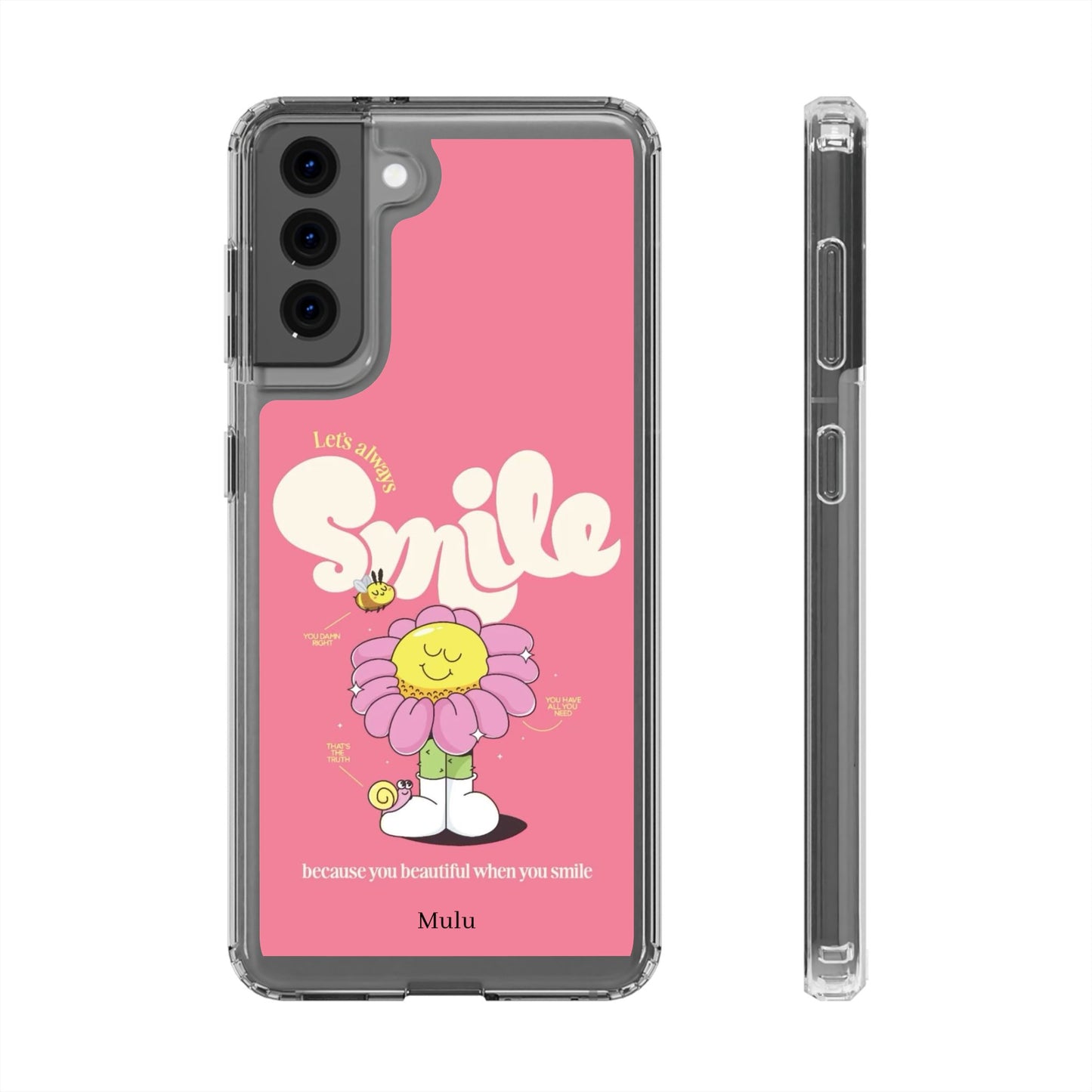 Clear Impact-Resistant Phone Case — Pink 'Smile' Flower Design