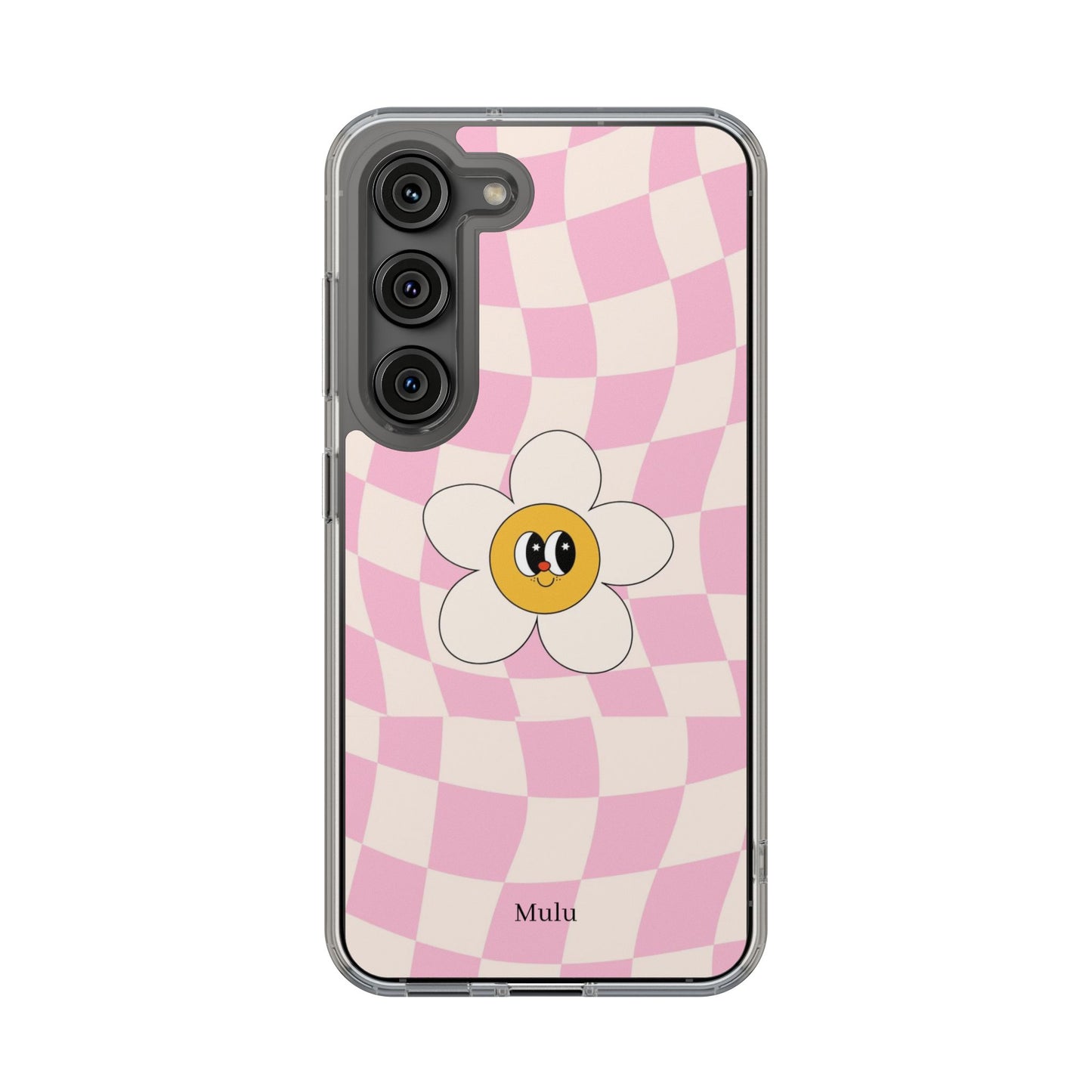 Clear Impact-Resistant Phone Case — Pink Checkerboard Daisy Design