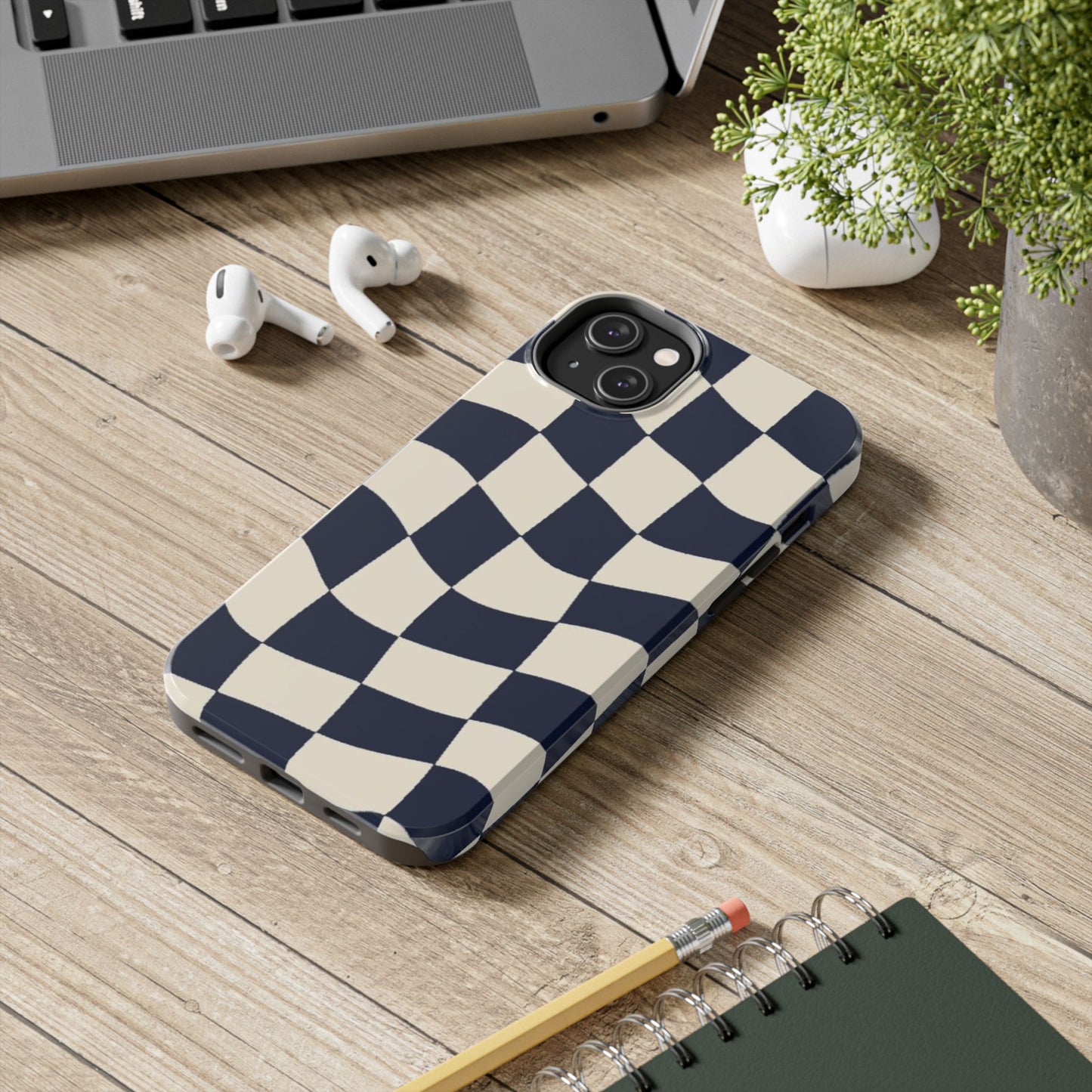 Wavy Checkerboard Tough Phone Case — Navy & Cream Protective Cover