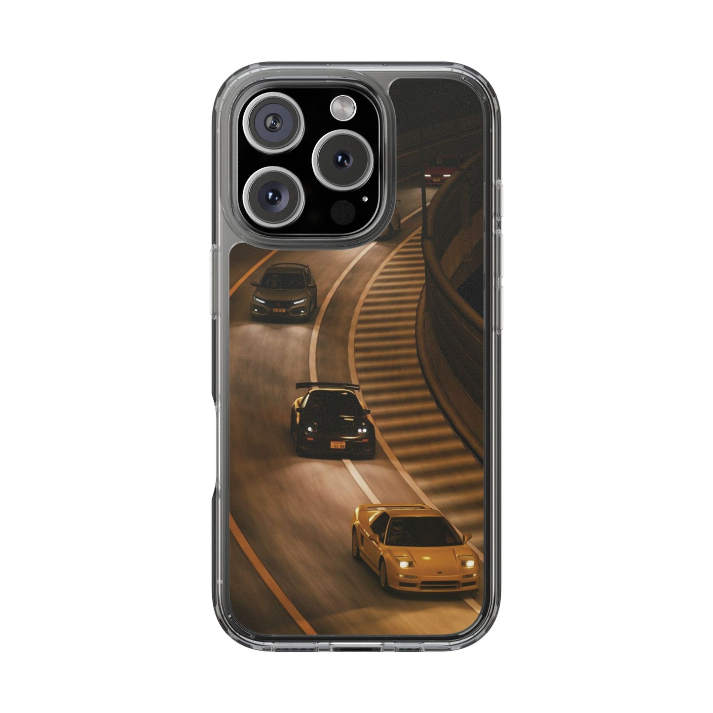 Racing Night Clear Phone Case – Sports Cars on Curved Highway