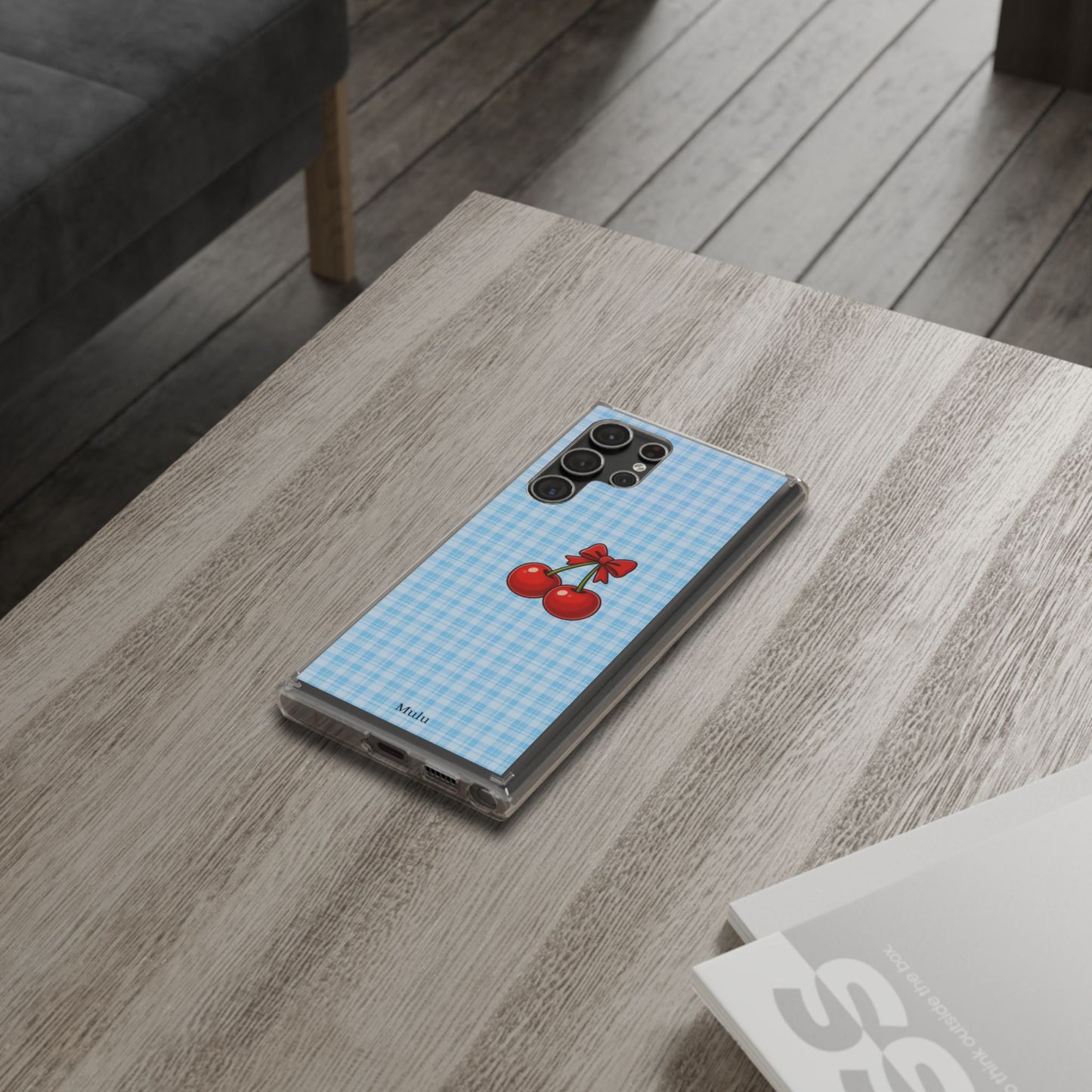 Clear Cherry Gingham Phone Case — Impact-Resistant Clear Case with Red Cherry Design