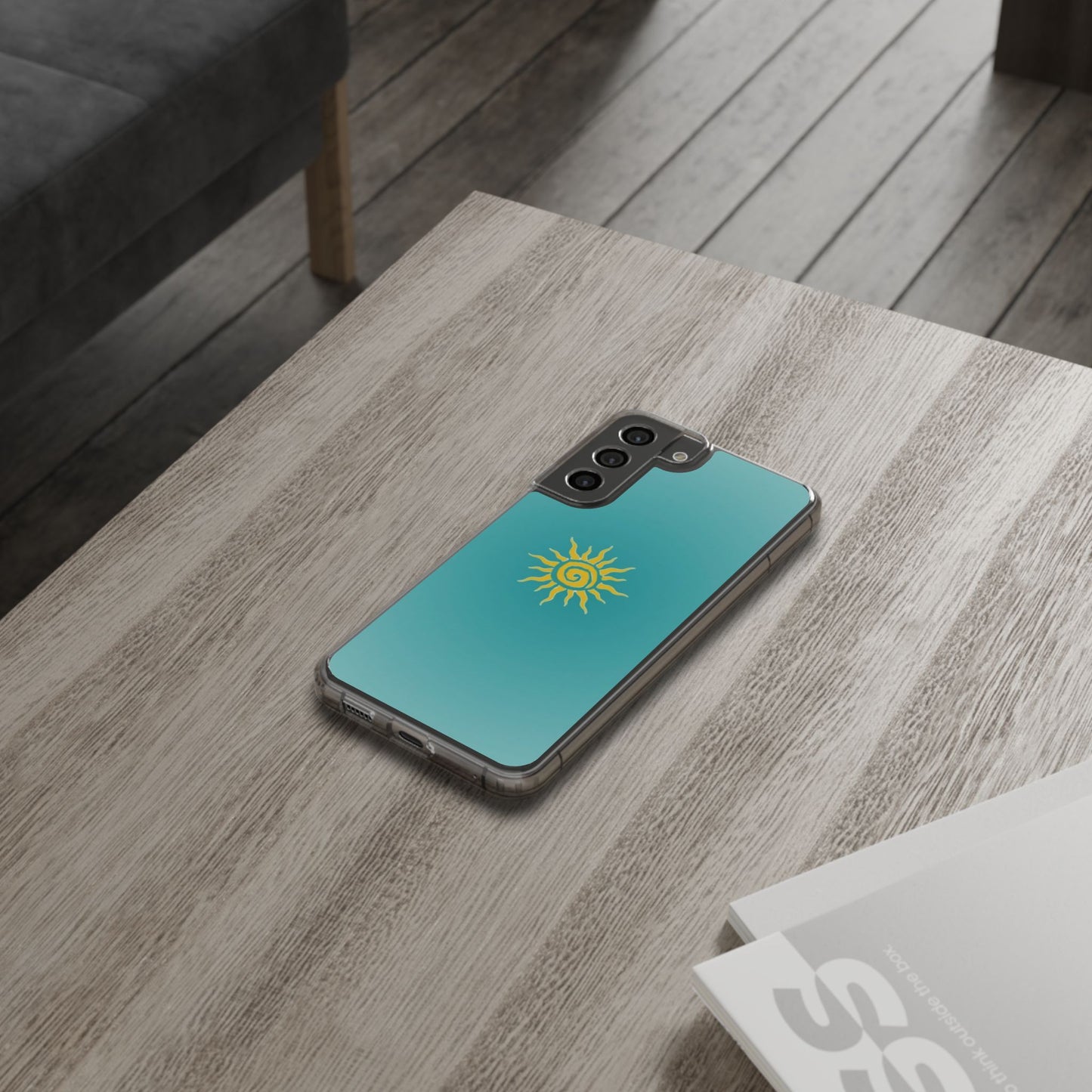 Clear Impact-Resistant Phone Case — Yellow Sun on Teal Gradient