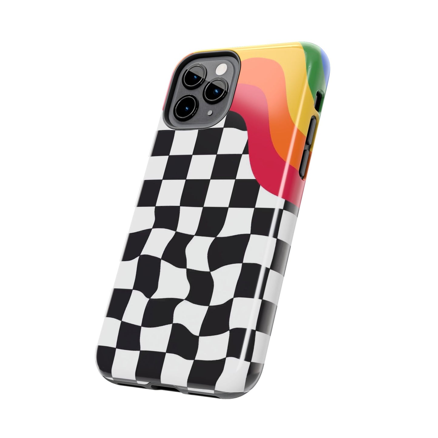Retro Wavy Checkerboard Tough Phone Case — Rainbow Surf Skate Design